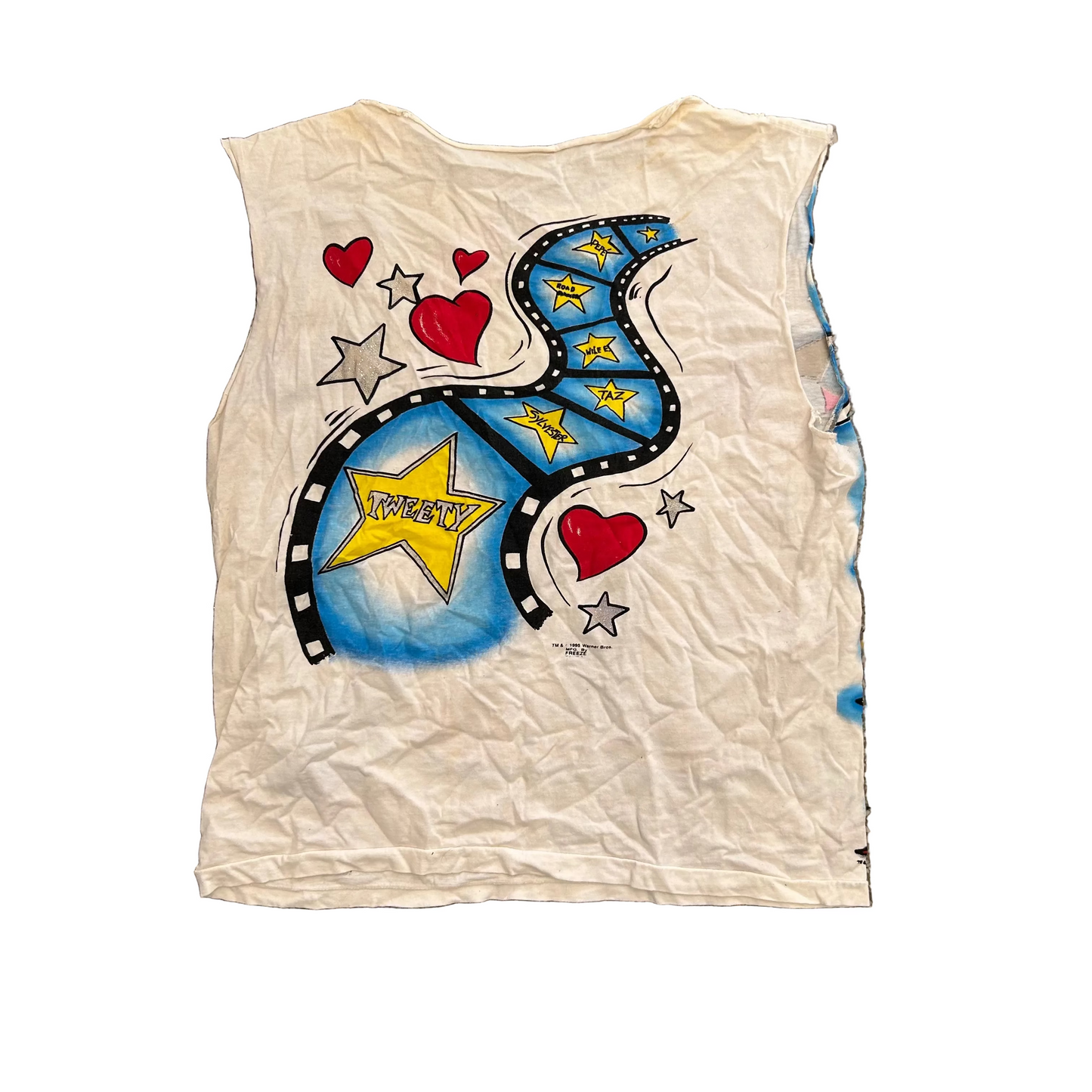 90's Looney Tunes Airbrushed White Cutoff Tanktop Shirt - Large - 22" x 27"