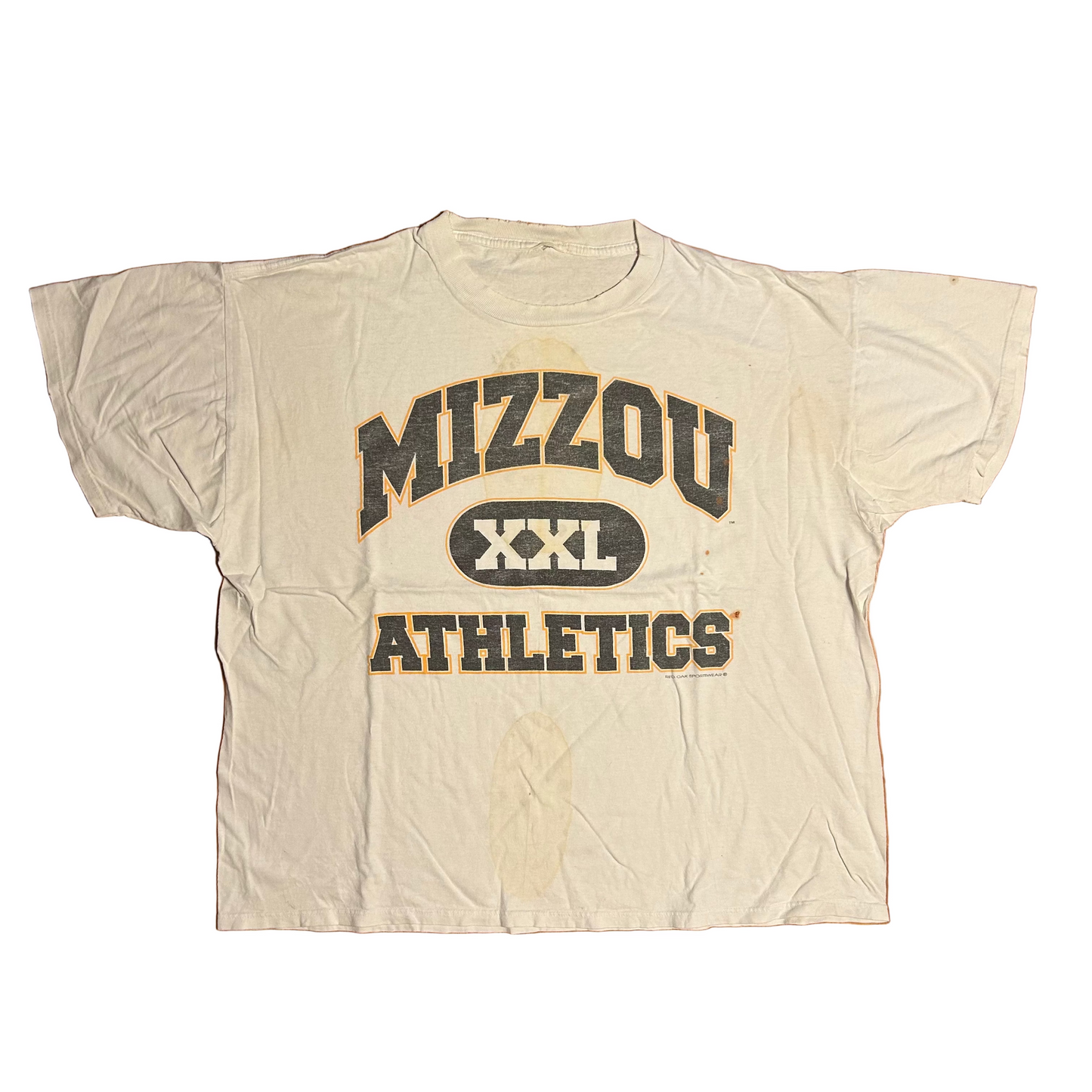 Mizzou Athletics University Missouri Tigers Distressed Stained White College Cotton Tshirt - Boxy XLarge - 26” x 27”