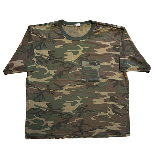 90's Brown Green Woodland Camo Blank Pocket Tshirt - XLarge - 26.5" x 29.5"