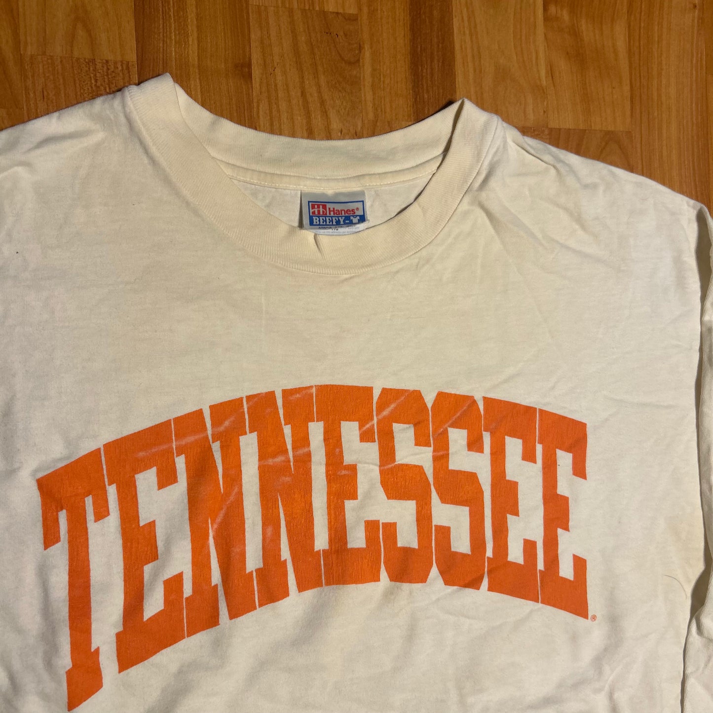 Hanes Beefy Tennessee Volunteers Vols White Orange Longsleeve Cotton College Shirt - XLarge - 26” x 29”