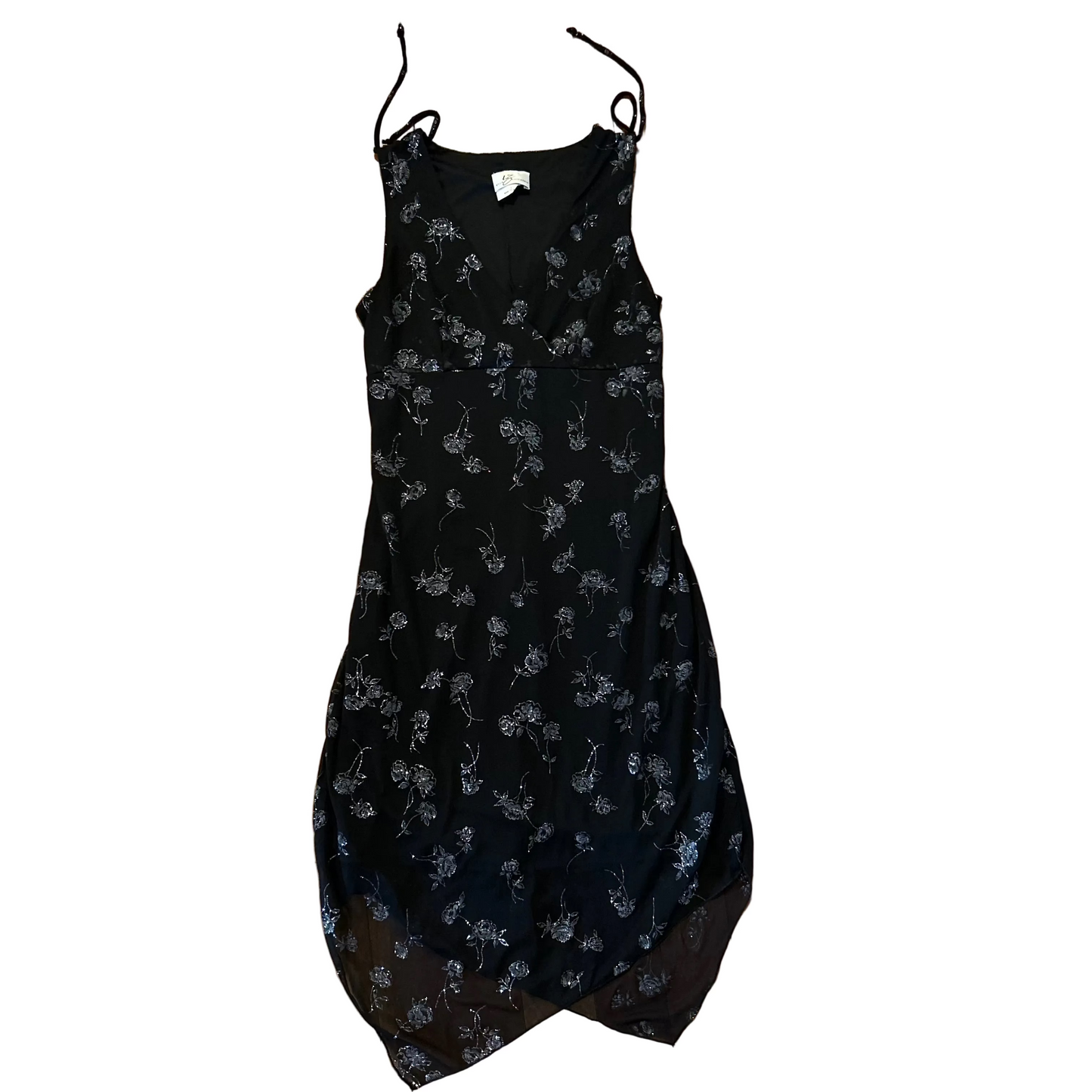 90's IZ Byer California Black Floral Sparkly Dress - Tagged Large - 16" x 42"