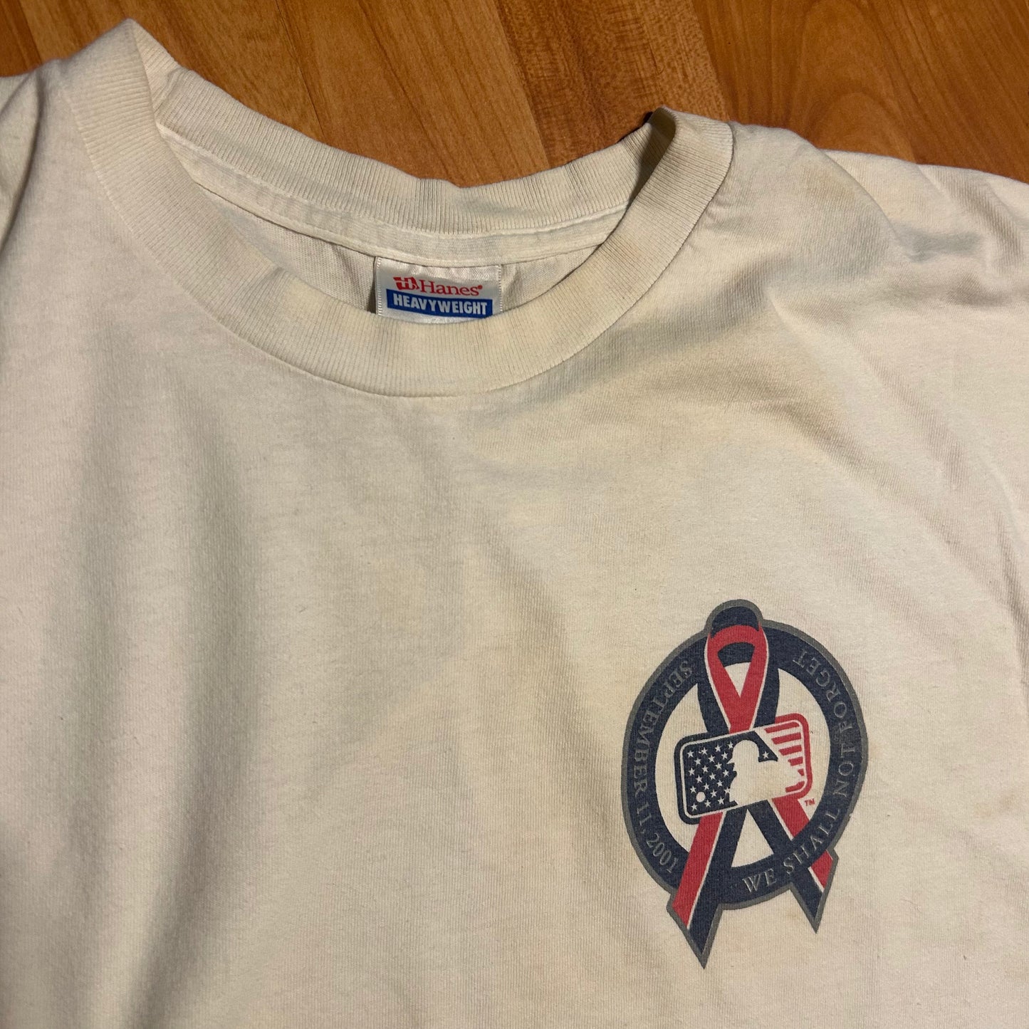 Hanes Heavyweight MLB We Shall Never Forget September 11 2001 9/11 White Cotton Tshirt - Large - 23” x 30”