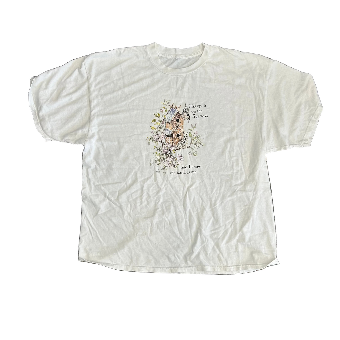 His Eye is on the Sparrow and I know He Watches Me White Tshirt - XLarge - 24" x 30"