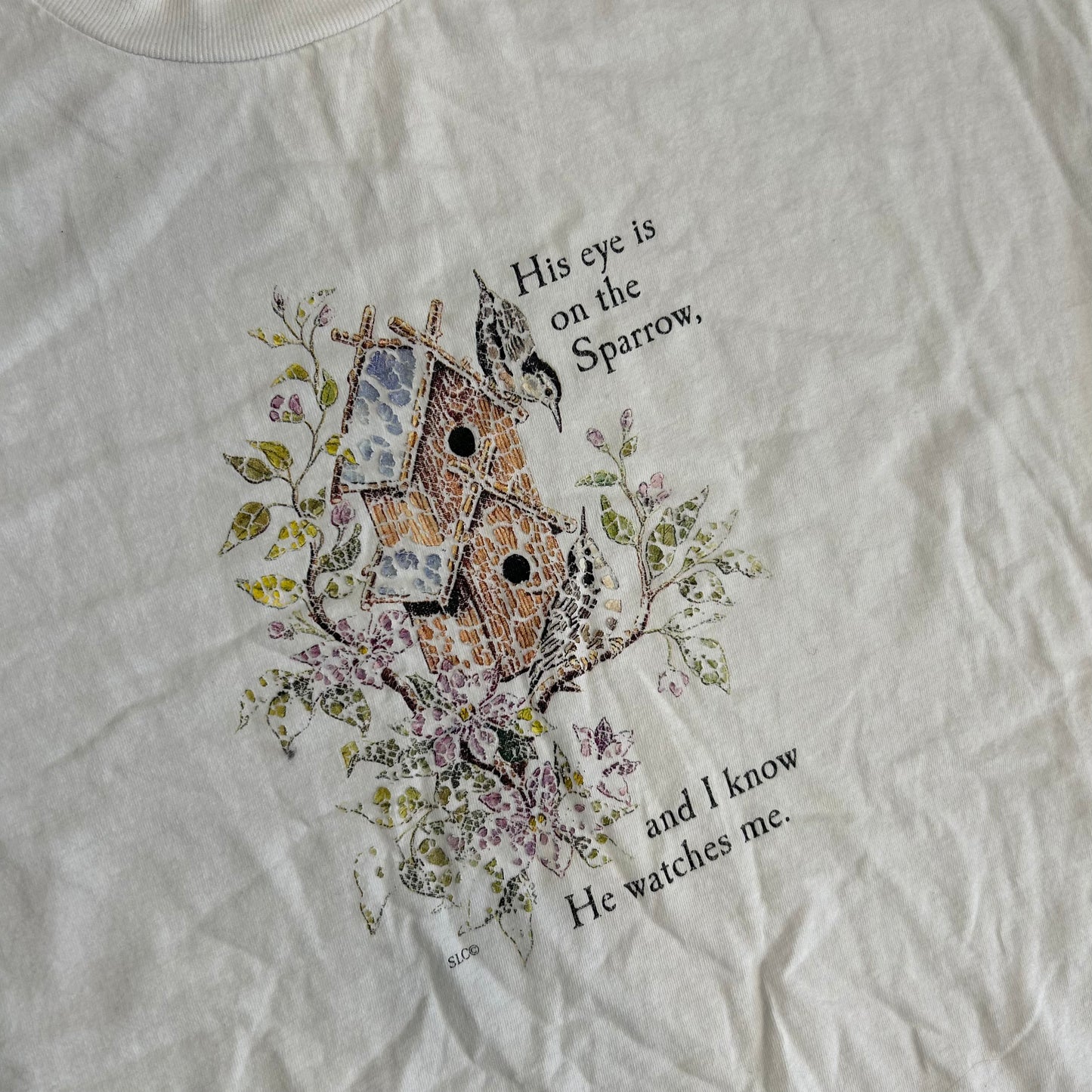 His Eye is on the Sparrow and I know He Watches Me White Tshirt - XLarge - 24" x 30"