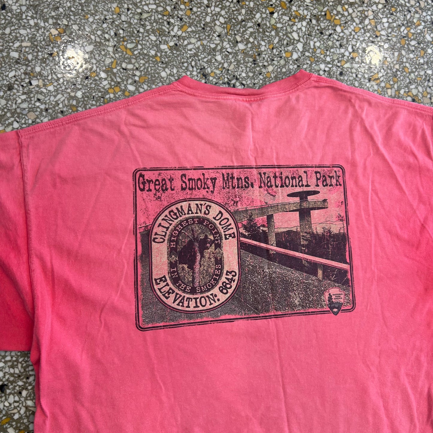 Comfort Colors by Chouinard Clingman’s Dome Smoky Mountains Pink Red Faded Tshirt - Large - 23" x 31.5"