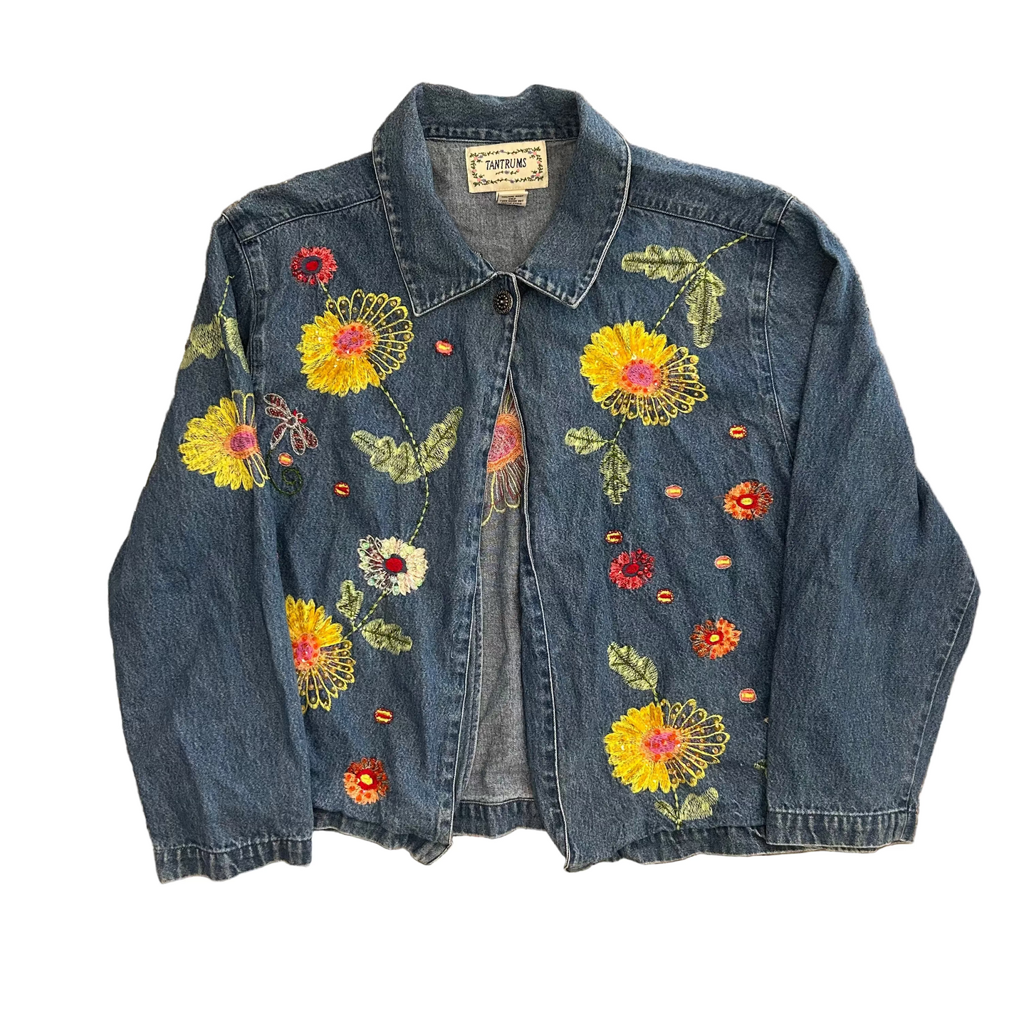 Tantrums Flower Embroidered Cotton Denim Jean Jacket - Boxy Large - 22" x 23"