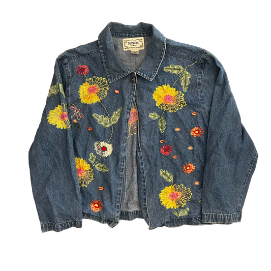 Tantrums Flower Embroidered Cotton Denim Jean Jacket - Boxy Large - 22" x 23"