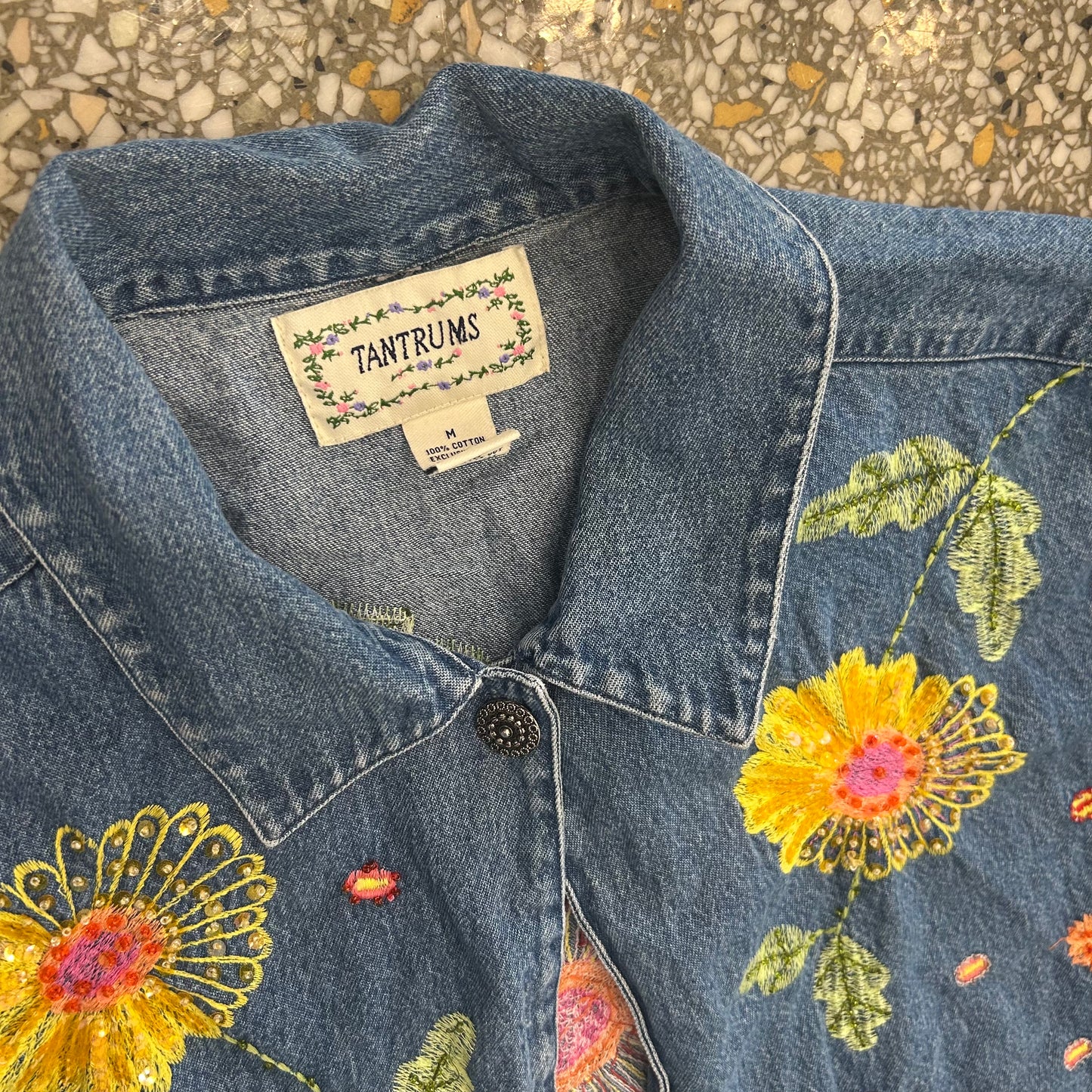 Tantrums Flower Embroidered Cotton Denim Jean Jacket - Boxy Large - 22" x 23"