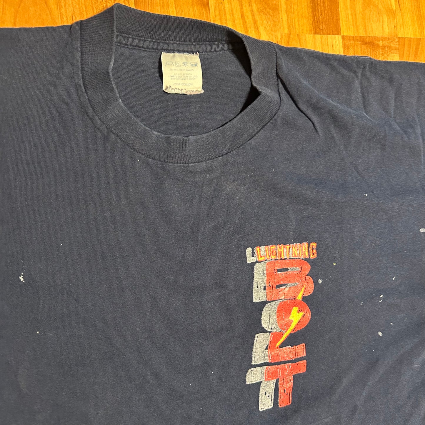 90's Lightning Bolt Navy Blue Painter Cotton Tshirt - XLarge - 24.5" x 31"