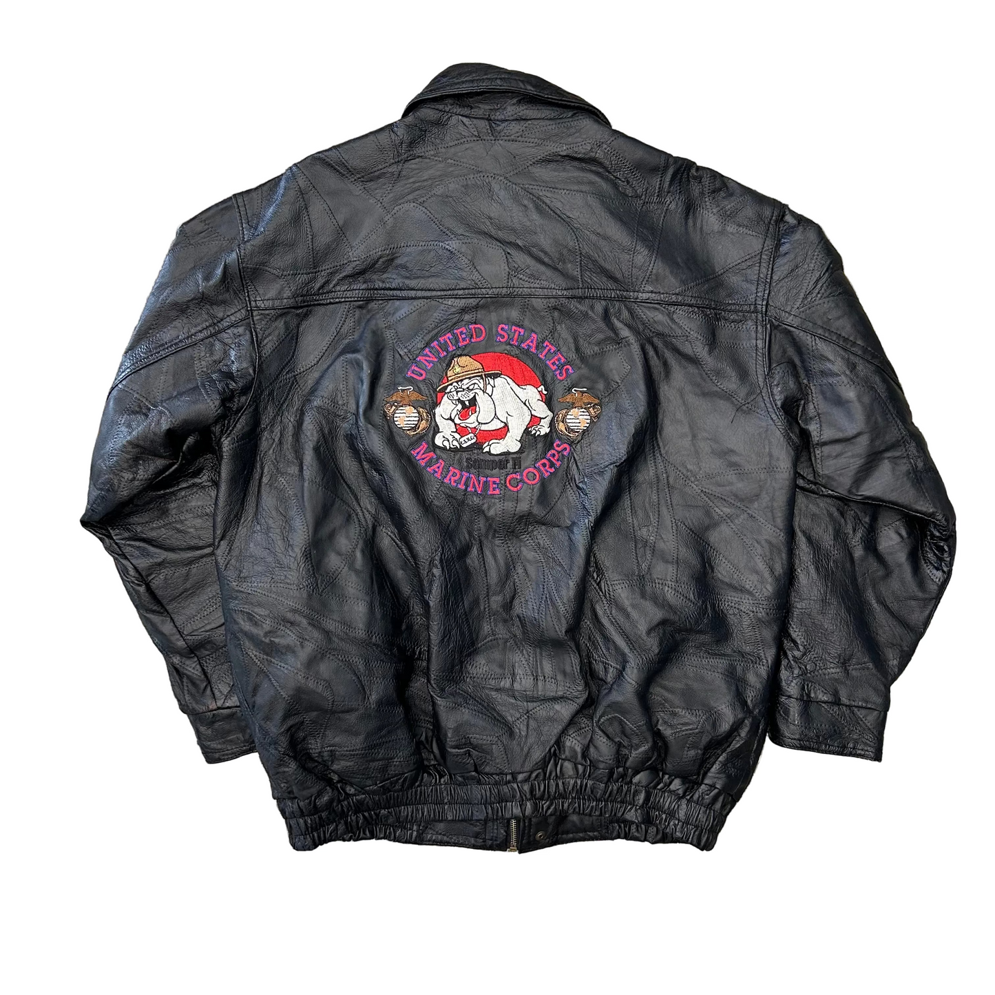 United States Marine Corps Black Zip Up Leather Jacket Coat - XLarge - 25" x 28"