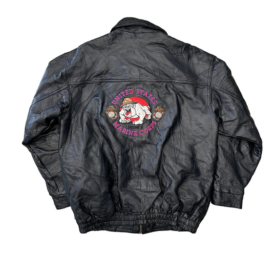 United States Marine Corps Black Zip Up Leather Jacket Coat - XLarge - 25" x 28"