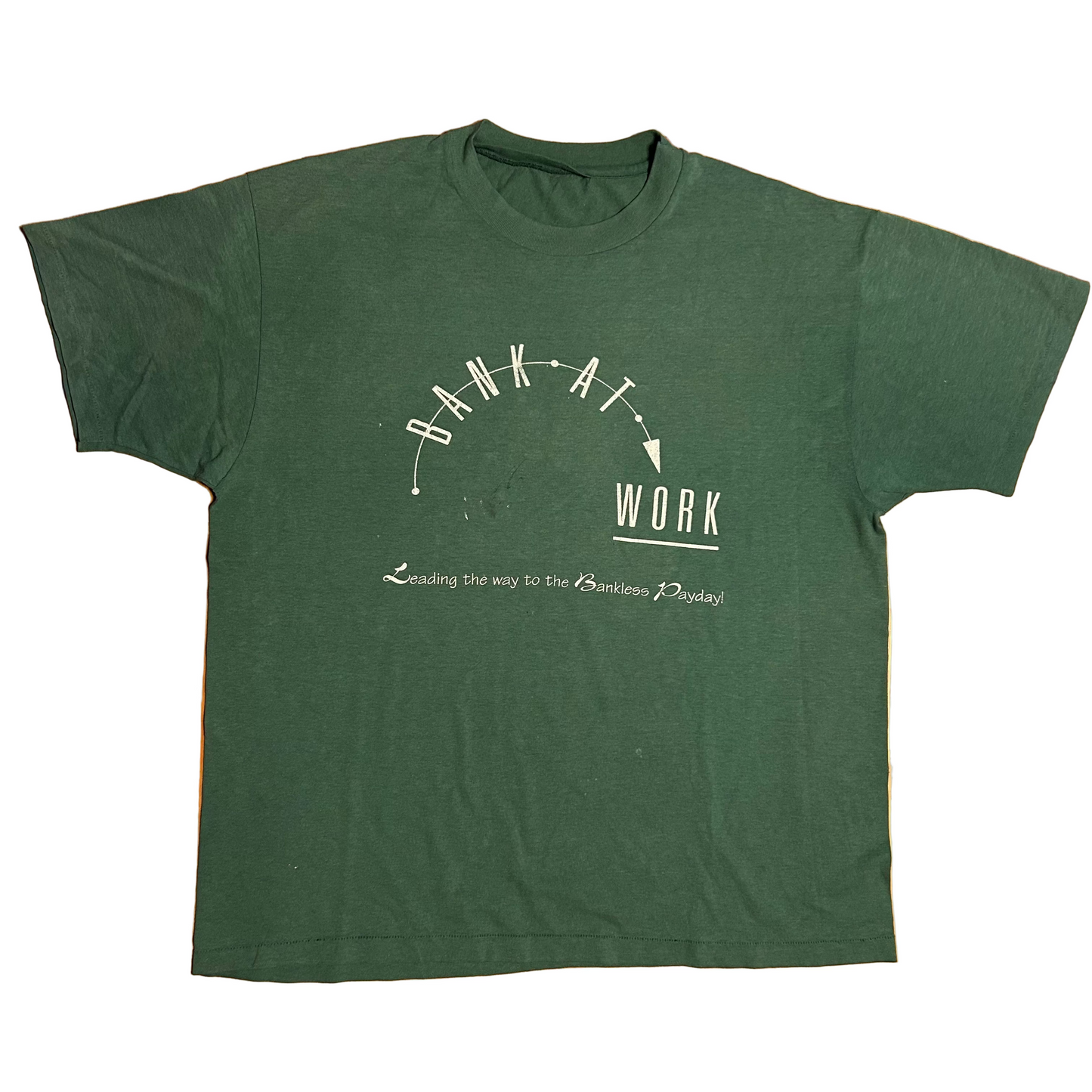 80/90's Bank at Work Green Faded 50/50 Cotton Polyester Tshirt - XLarge - 24.5" x 30"