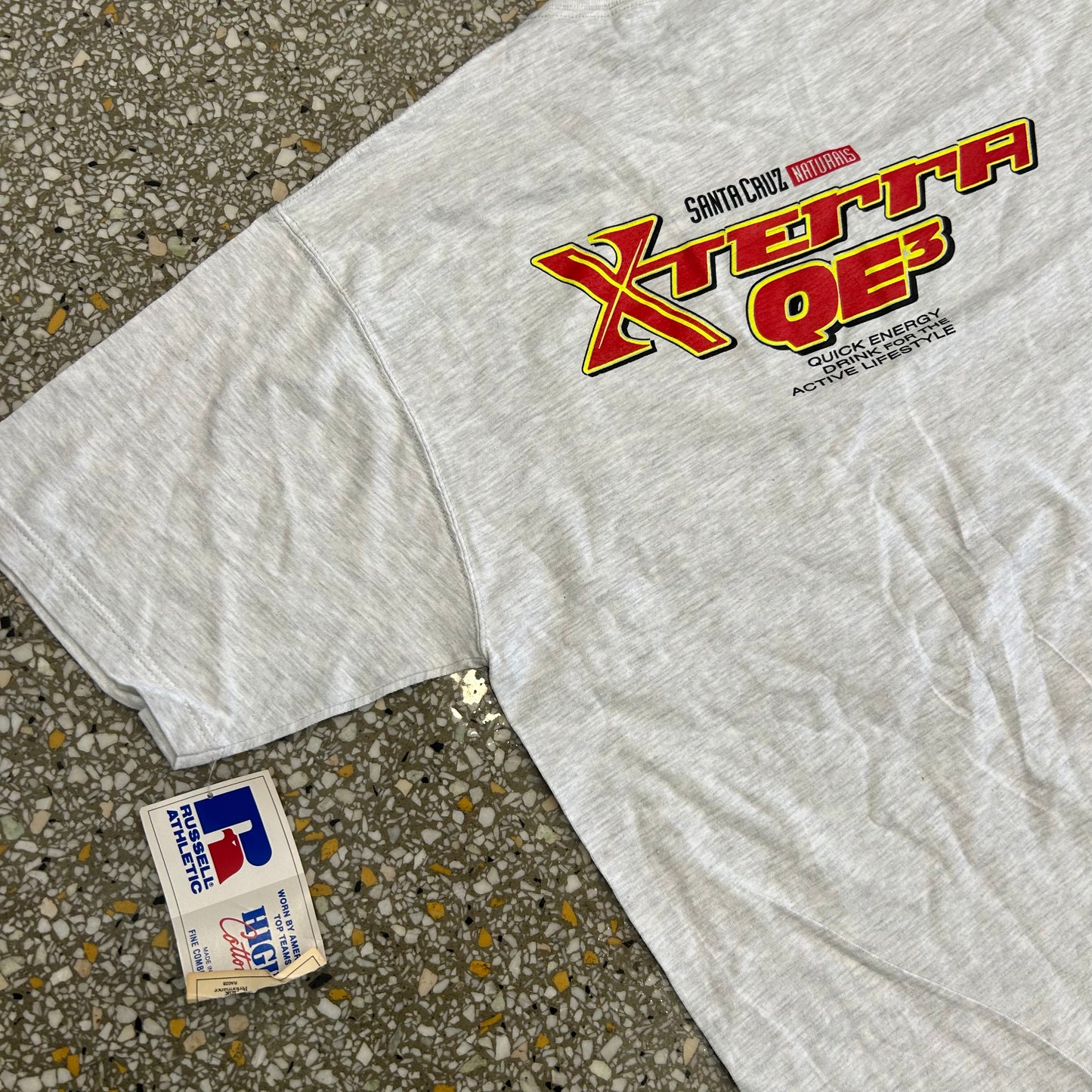 90’s NWT Brand New Russell Athletics Santa Cruz Naturals XTerra Q3 Energy Drink Grey Pocket Tshirt - Large - 22.5" x 30"