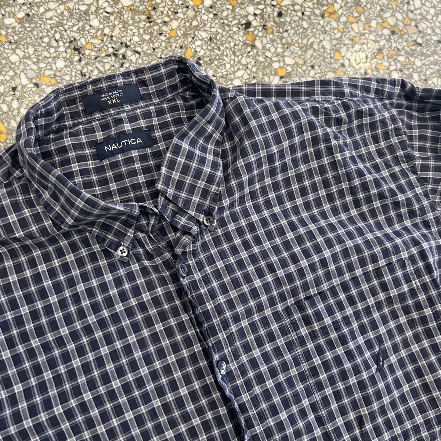 Nautica Navy Blue Plaid Cotton Button Up Shirt - XLarge - 28" x 32"