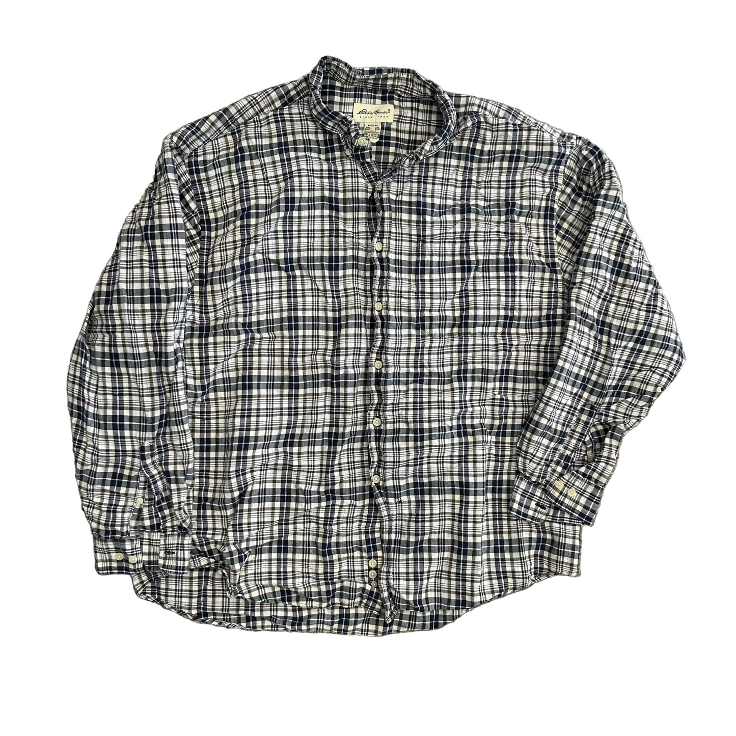 Eddie Bauer Linen Cotton Plaid Blue Button Up Shirt - XLarge - 27" x 31"