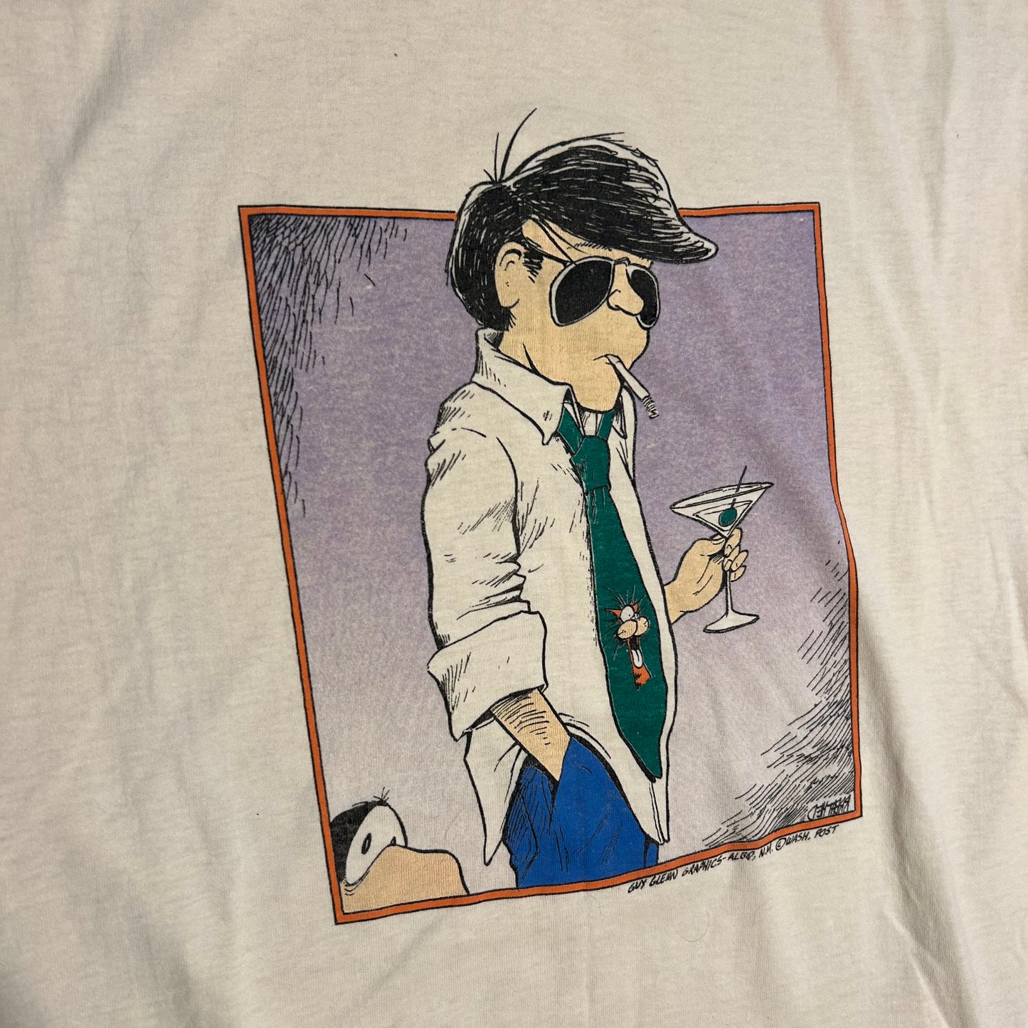 80/90’s National Guy Glenn Graphics Washington Post Comic 50/50 Cotton Polyester White Tshirt - Small - 19” x 30”