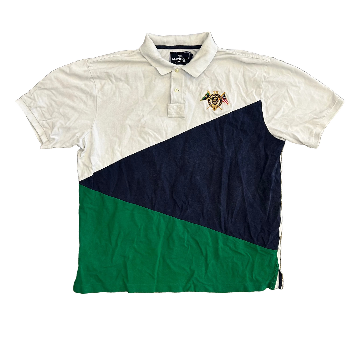 American Living Green Navy Blue White Cotton Polo Shirt - XLarge - 25" x 28"
