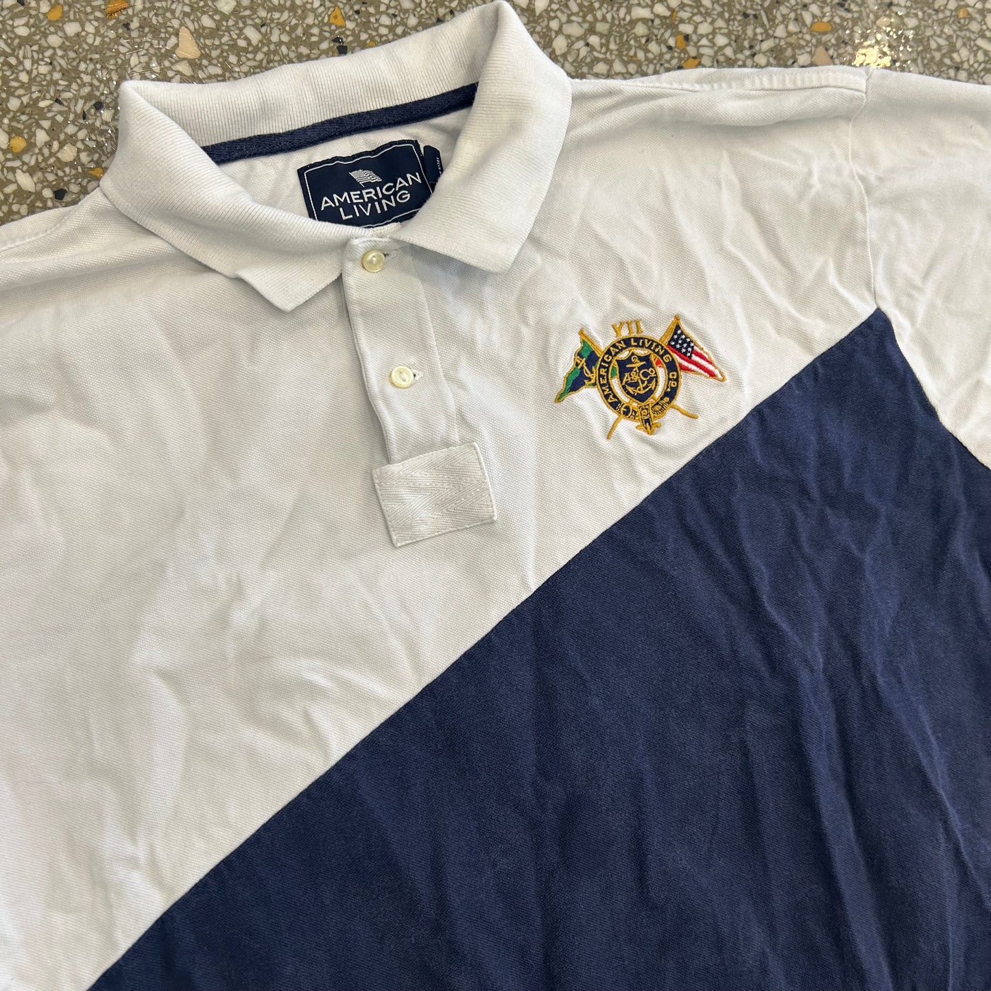 American Living Green Navy Blue White Cotton Polo Shirt - XLarge - 25" x 28"
