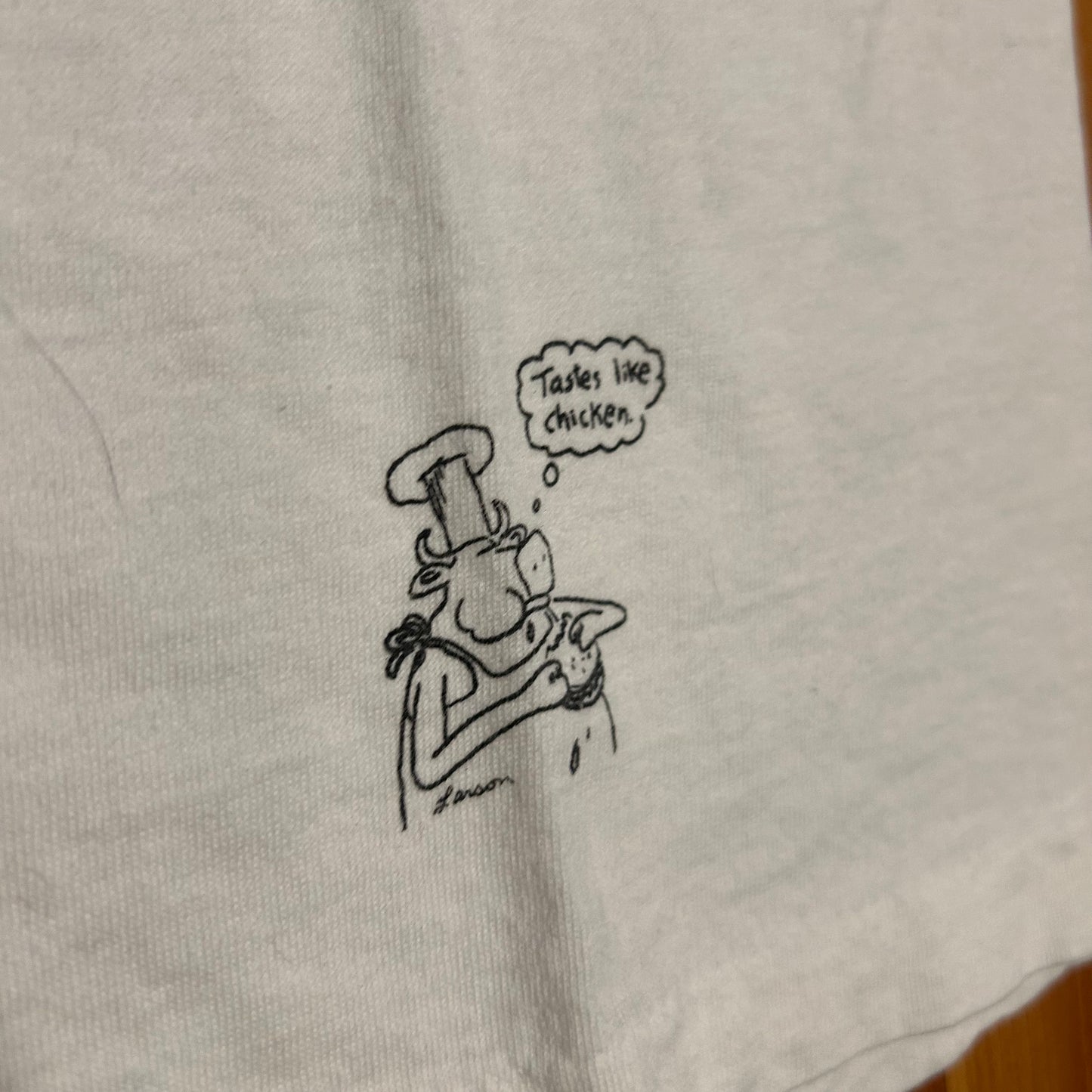 80/90’s The Far Side You’re Sick Jessy Cow Grilling Comic White Funny Cotton Tshirt - Medium - 20” x 32.5”
