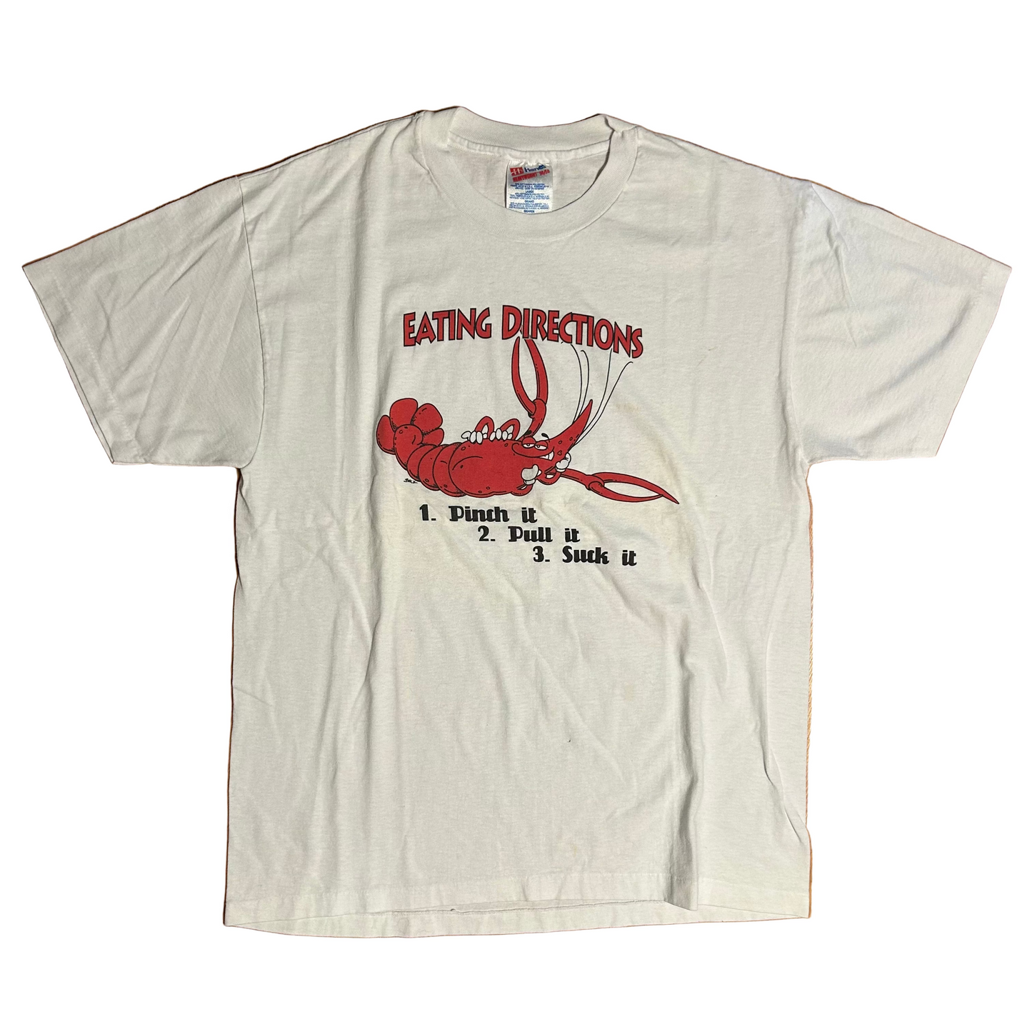 90’s Hanes Heavyweight Eating Directions Pinch It Pull It Suck It Lobster Crab Crawfish White Funny 50/50 Cotton Polyester Tshirt - Medium - 21” x 30”