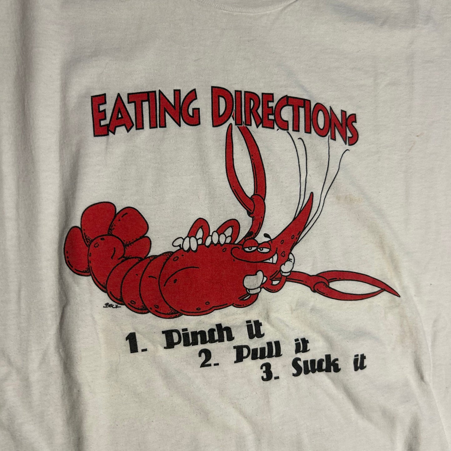 90’s Hanes Heavyweight Eating Directions Pinch It Pull It Suck It Lobster Crab Crawfish White Funny 50/50 Cotton Polyester Tshirt - Medium - 21” x 30”