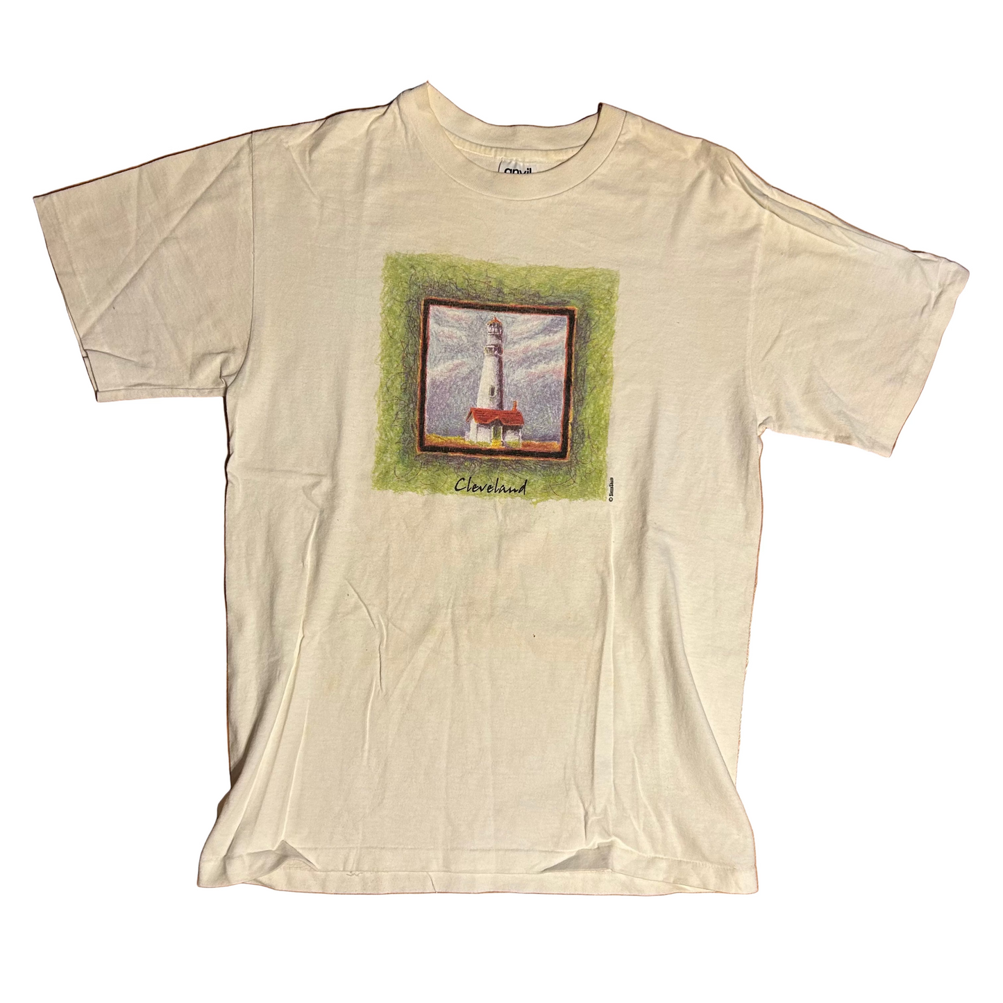90’s Anvil Cleveland Lighthouse Sierra Shirts Painting Drawing White Cotton Tshirt - Small - 19” x 27”