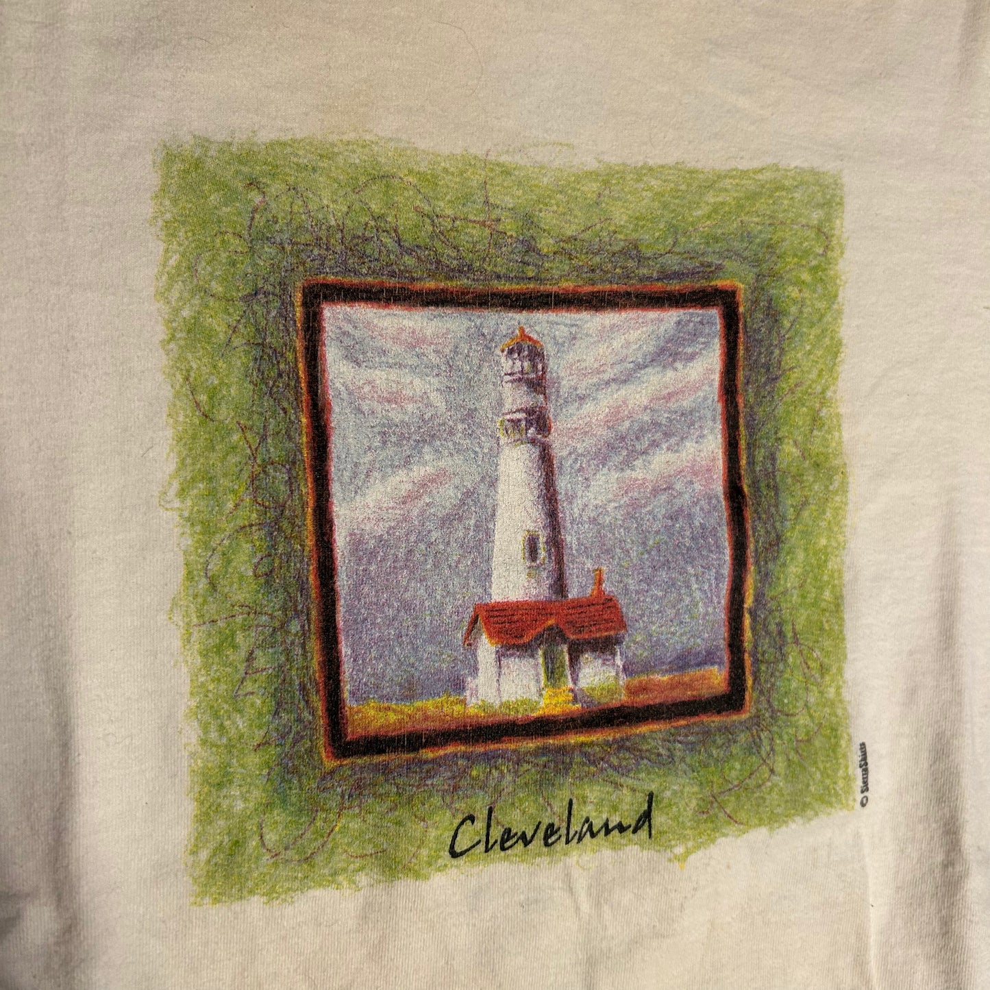 90’s Anvil Cleveland Lighthouse Sierra Shirts Painting Drawing White Cotton Tshirt - Small - 19” x 27”