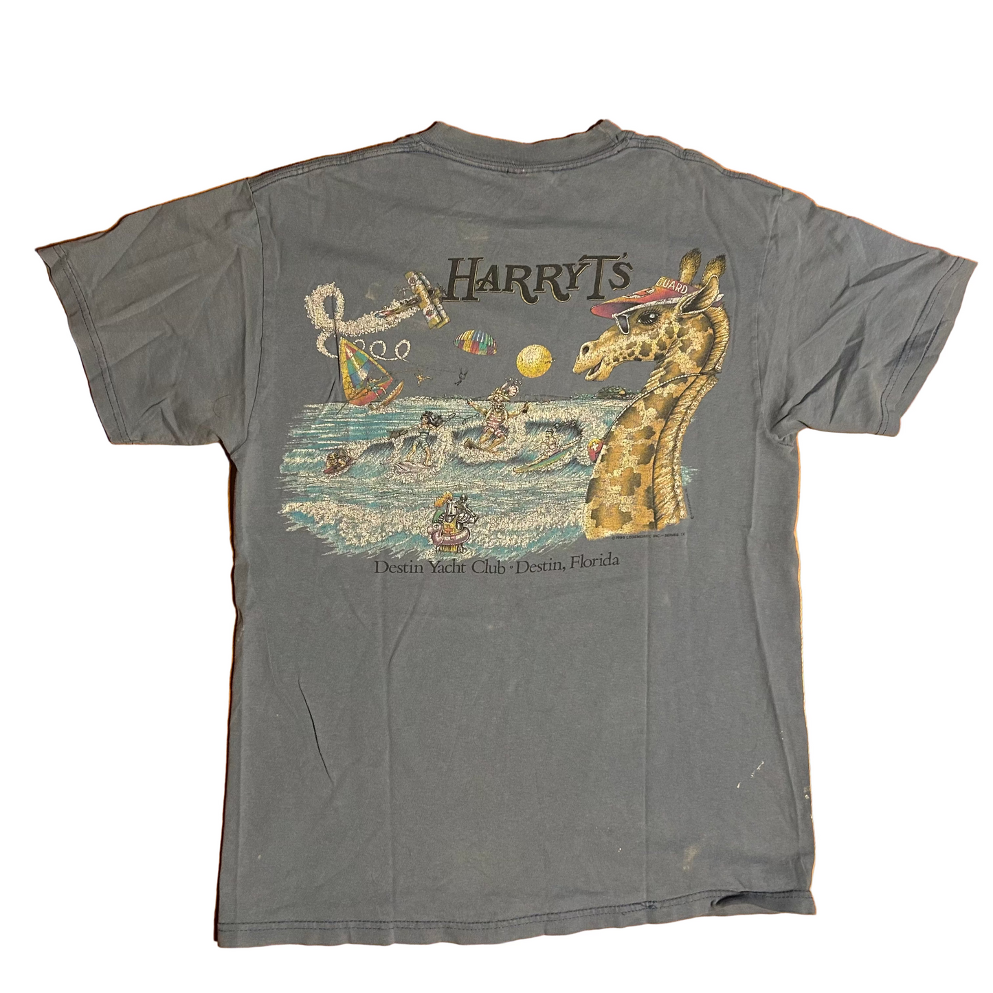 90/00’s Hanes Beefy Destin Florida Giraffe Yacht Club Boating Sailing Blue Grey Cotton Tshirt - Small - 19” x 27.5”