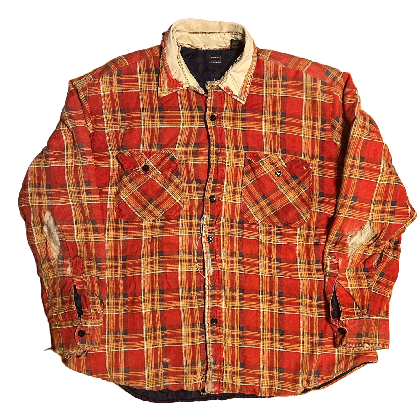 80/90's Sears Red Orange Nylon Lined Distressed Button Up Cotton Polyester Flannel Shirt - XLarge - 25" x 29"