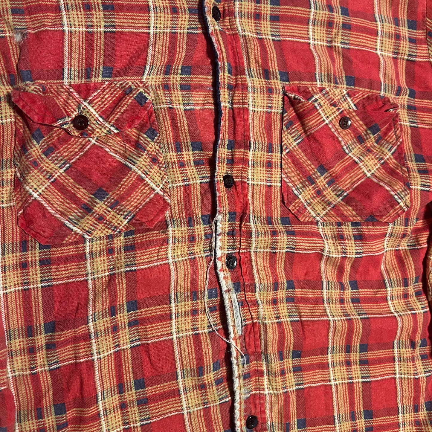 80/90's Sears Red Orange Nylon Lined Distressed Button Up Cotton Polyester Flannel Shirt - XLarge - 25" x 29"