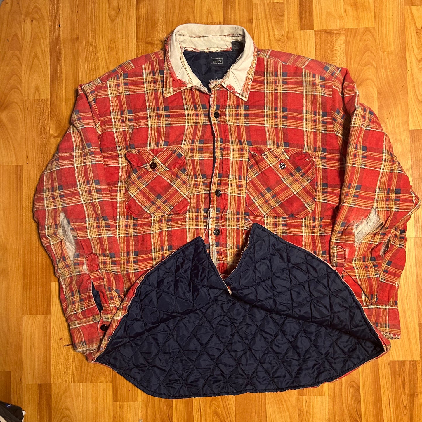 80/90's Sears Red Orange Nylon Lined Distressed Button Up Cotton Polyester Flannel Shirt - XLarge - 25" x 29"