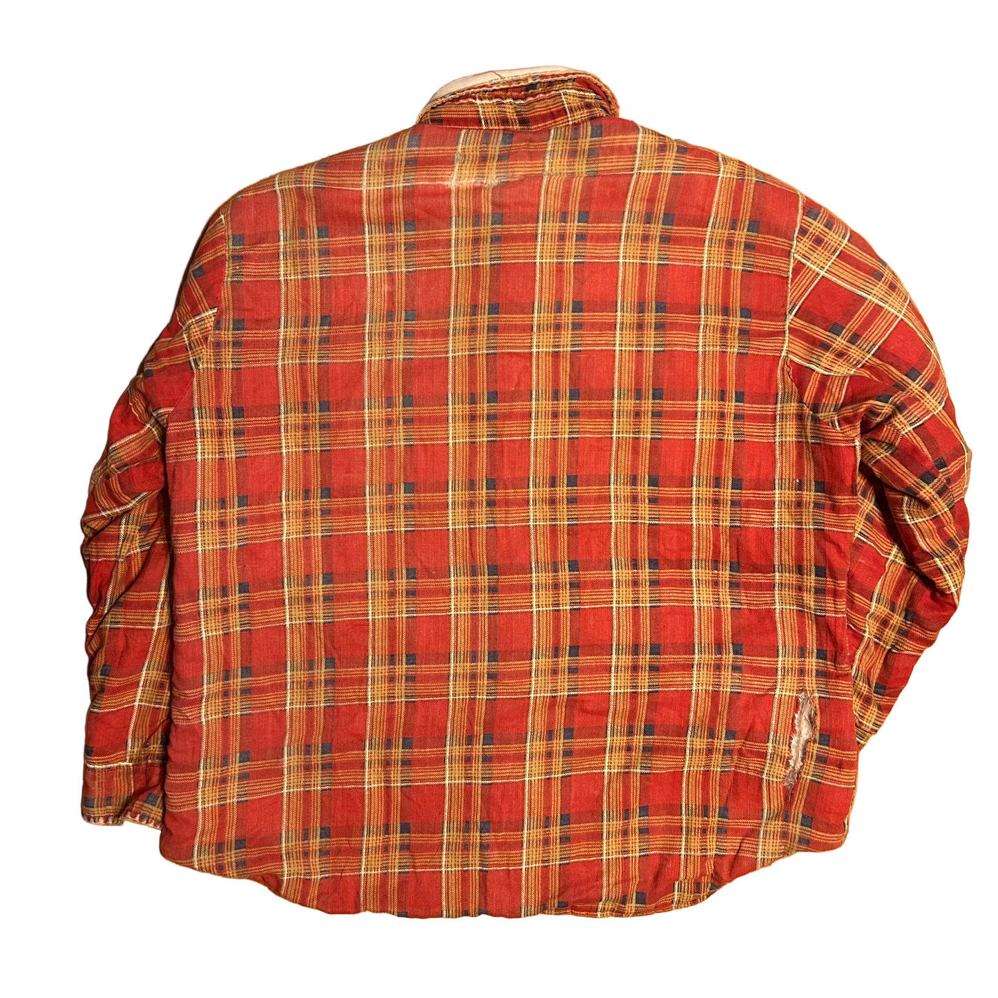 80/90's Sears Red Orange Nylon Lined Distressed Button Up Cotton Polyester Flannel Shirt - XLarge - 25" x 29"