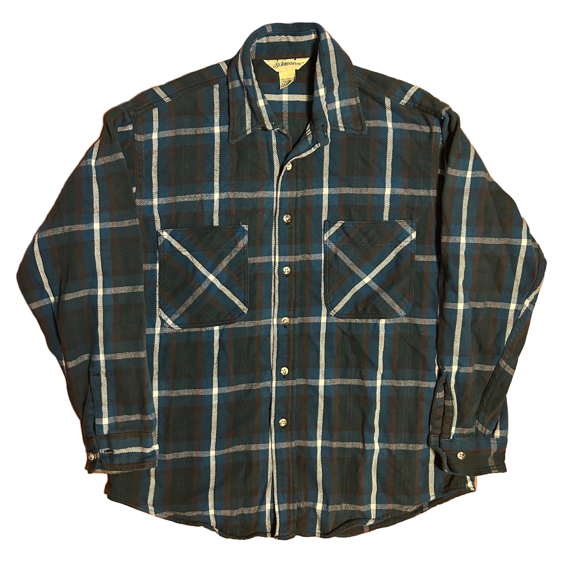 90's St. John's Bay Green Blue Button Up Cotton Flannel Shirt 90's St. John's Bay Green Blue Button Up Cotton Flannel Shirt