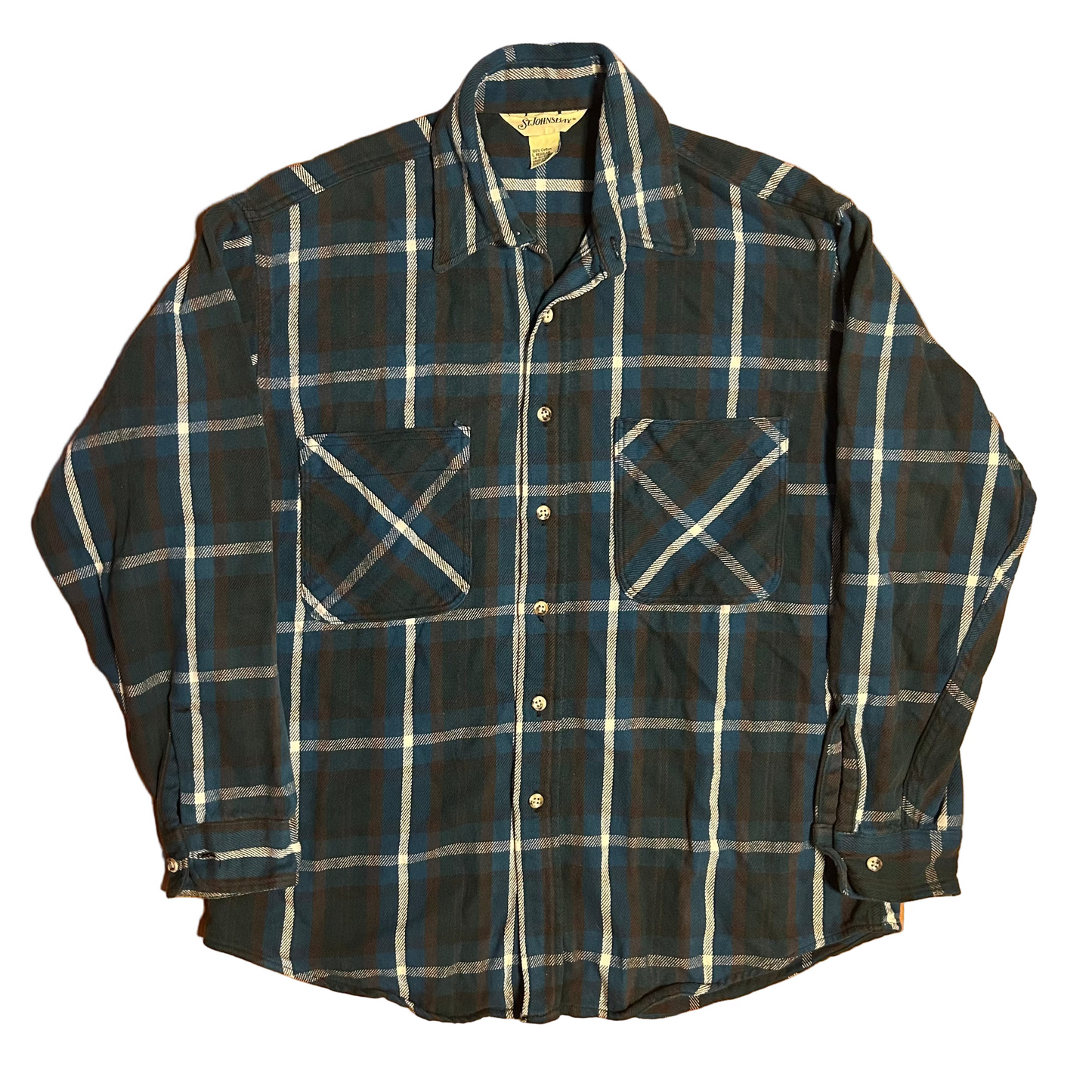 90's St. John's Bay Green Blue Button Up Cotton Flannel Shirt - XLarge - 24" x 30"
