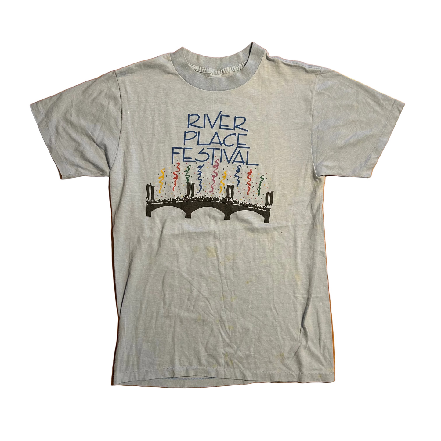 80's River Place Festival Light Blue Volunteer Tshirt - XSmall - 17" x 27"