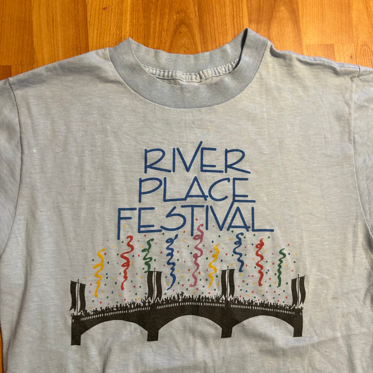 80's River Place Festival Light Blue Volunteer Tshirt - XSmall - 17" x 27"