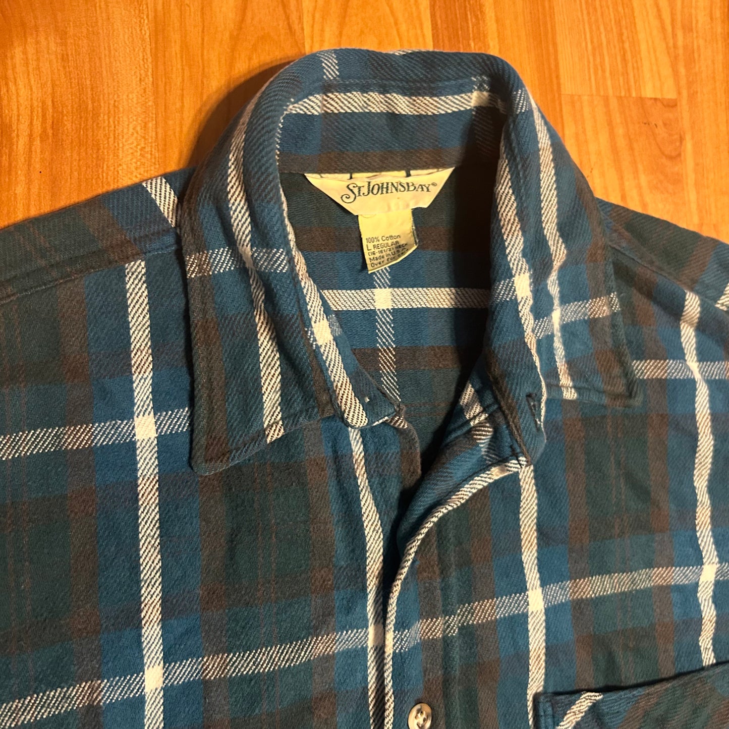 90's St. John's Bay Green Blue Button Up Cotton Flannel Shirt - XLarge - 24" x 30"