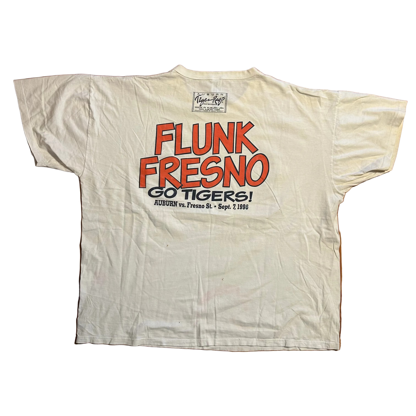 80's Russell Athletics Fresno Isn't A State Auburn Tigers University Flunk Fresno White Tshirt -XLarge - 29" x 30"