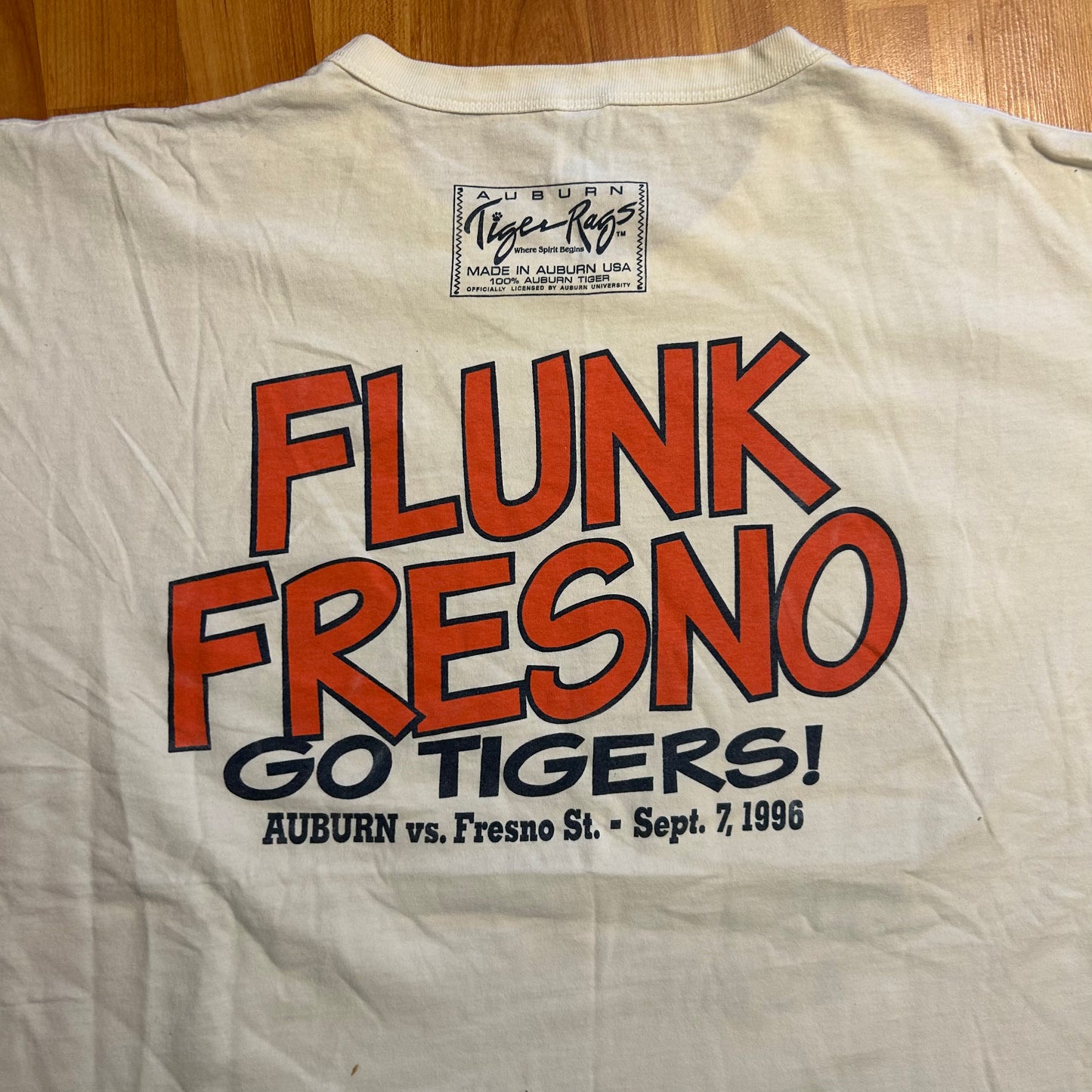 80's Russell Athletics Fresno Isn't A State Auburn Tigers University Flunk Fresno White Tshirt -XLarge - 29" x 30"