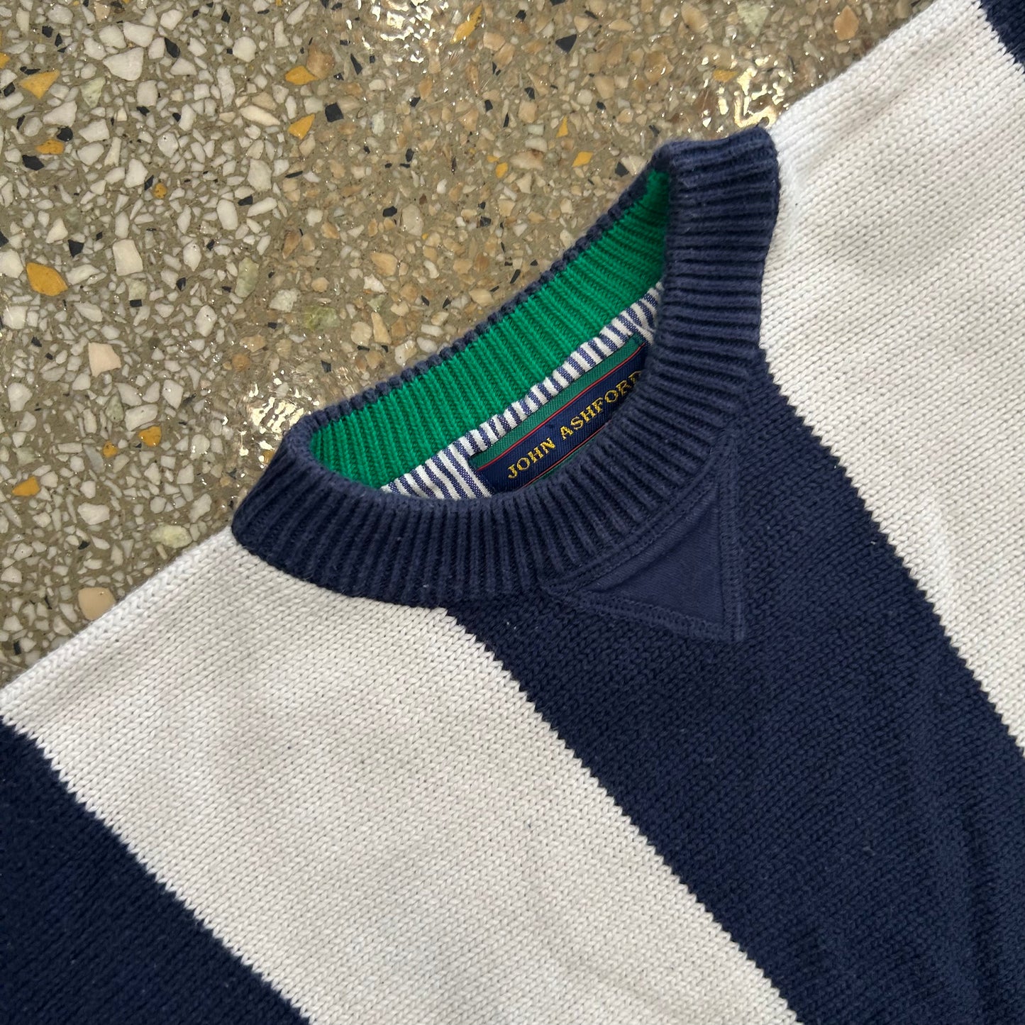 John Ashford Navy Blue White Striped Sweater - Large - 22.5" x 25"
