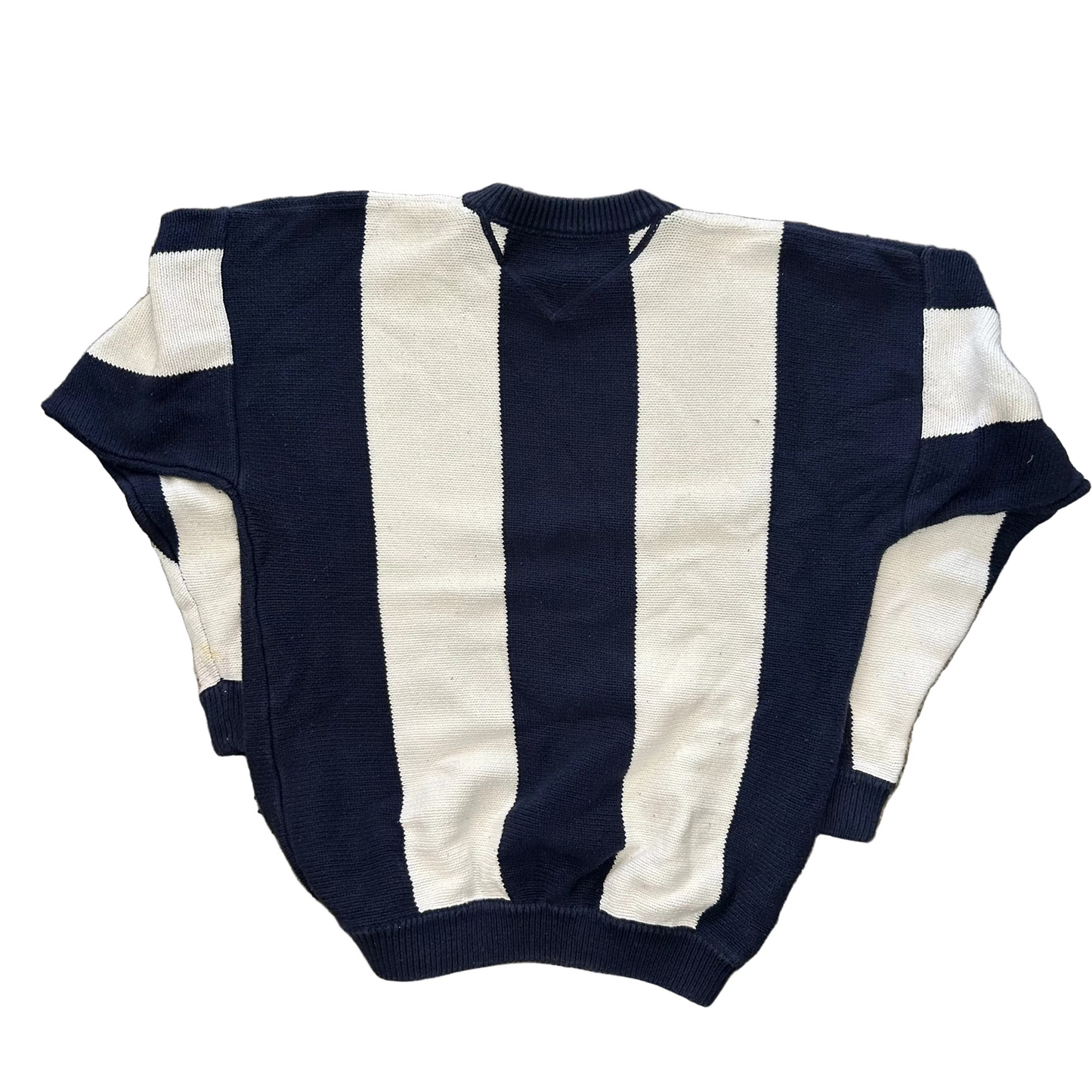 John Ashford Navy Blue White Striped Sweater - Large - 22.5" x 25"