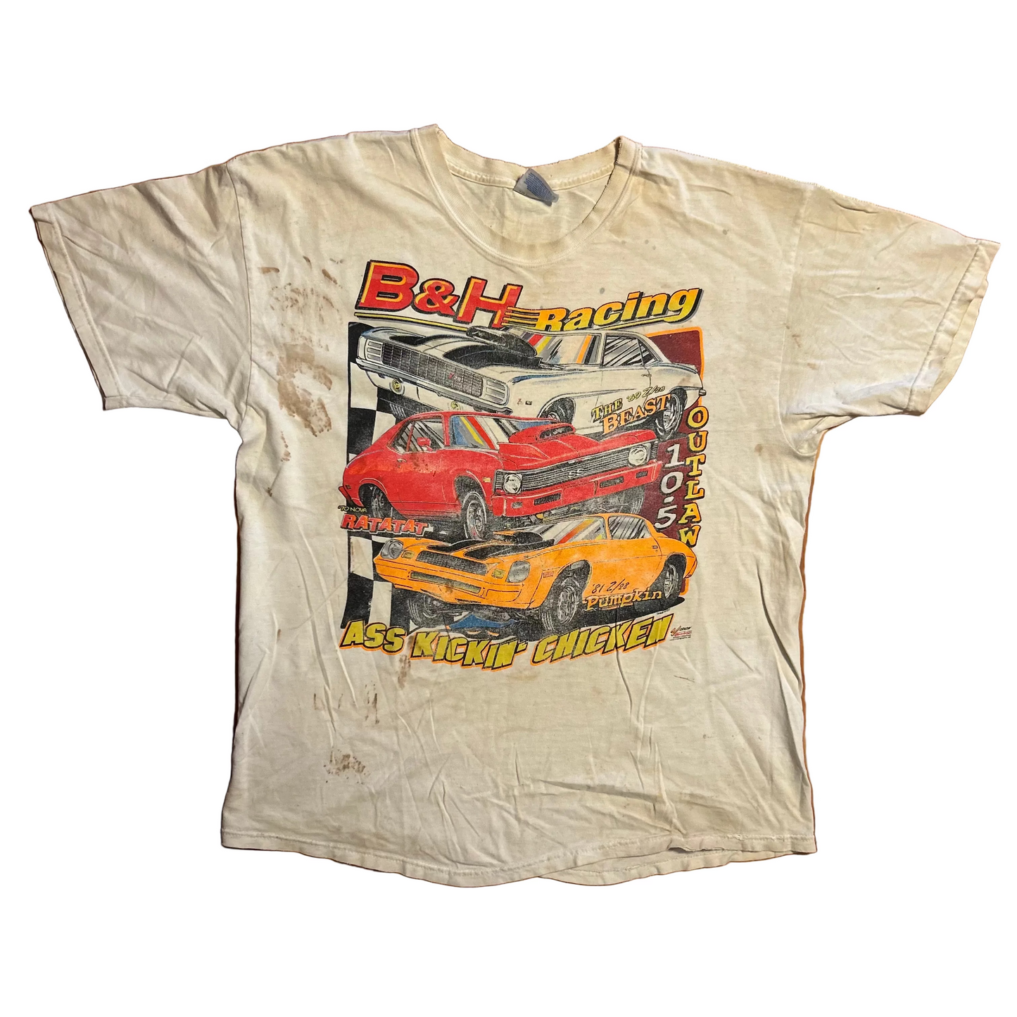 Hanes Beefy B&H Racing Ass Kickin Chicken Cars White Tshirt - Large - 22" x 29"