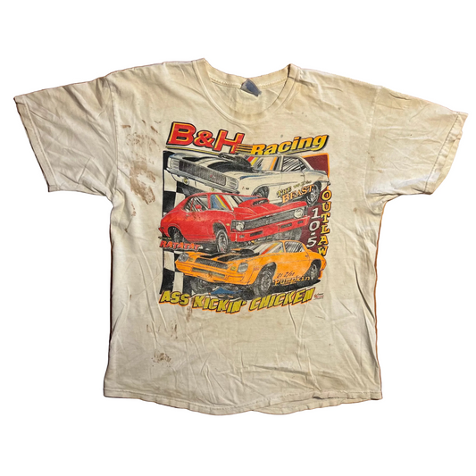 Hanes Beefy B&H Racing Ass Kickin Chicken Cars White Tshirt - Large - 22" x 29"