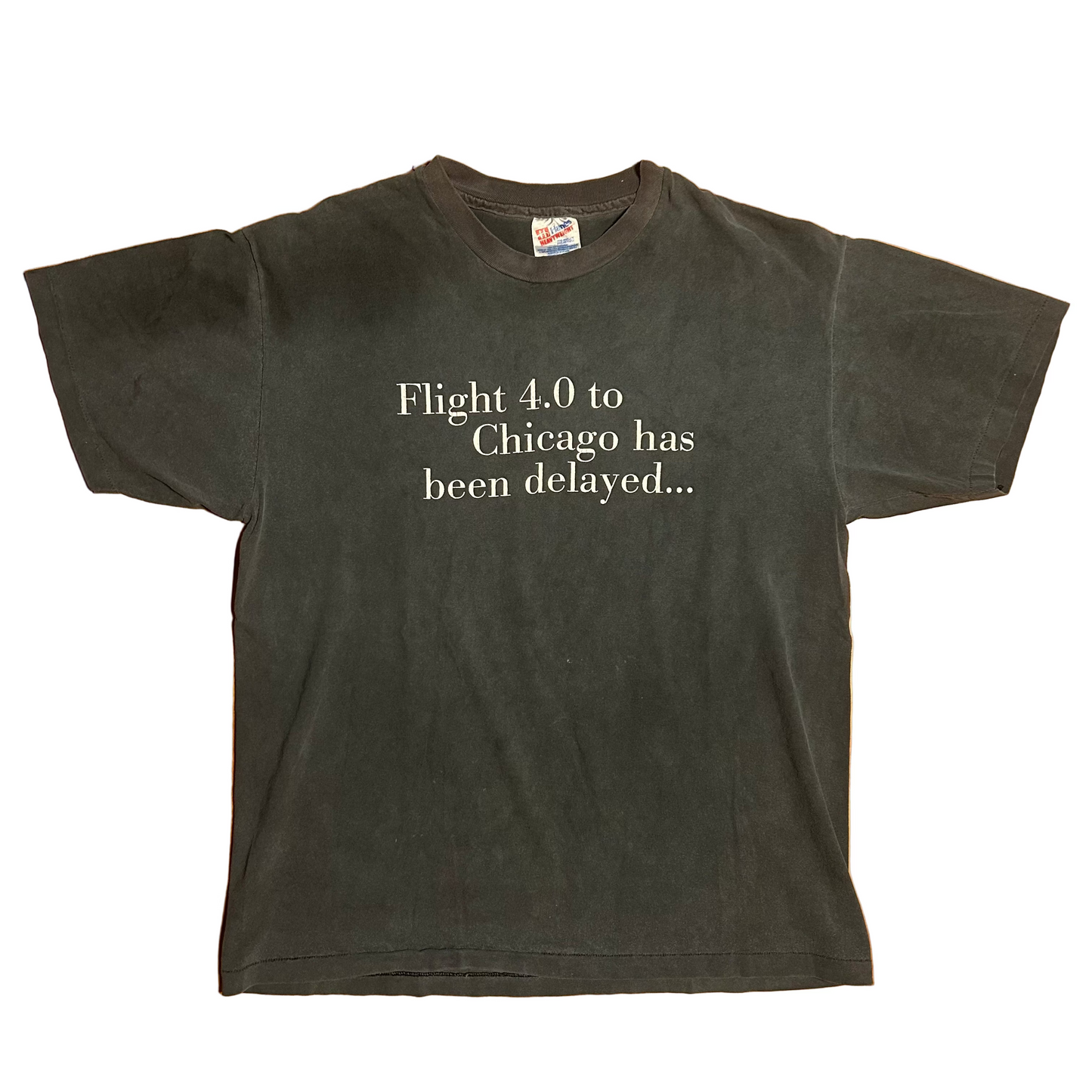 90’s Hanes Heavyweight Flight 4.0 to Chicago has Been Delayed I’m Taking Off with Delta Flight Airport Black Grey Faded Cotton Tshirt - Medium - 21" x 27"
