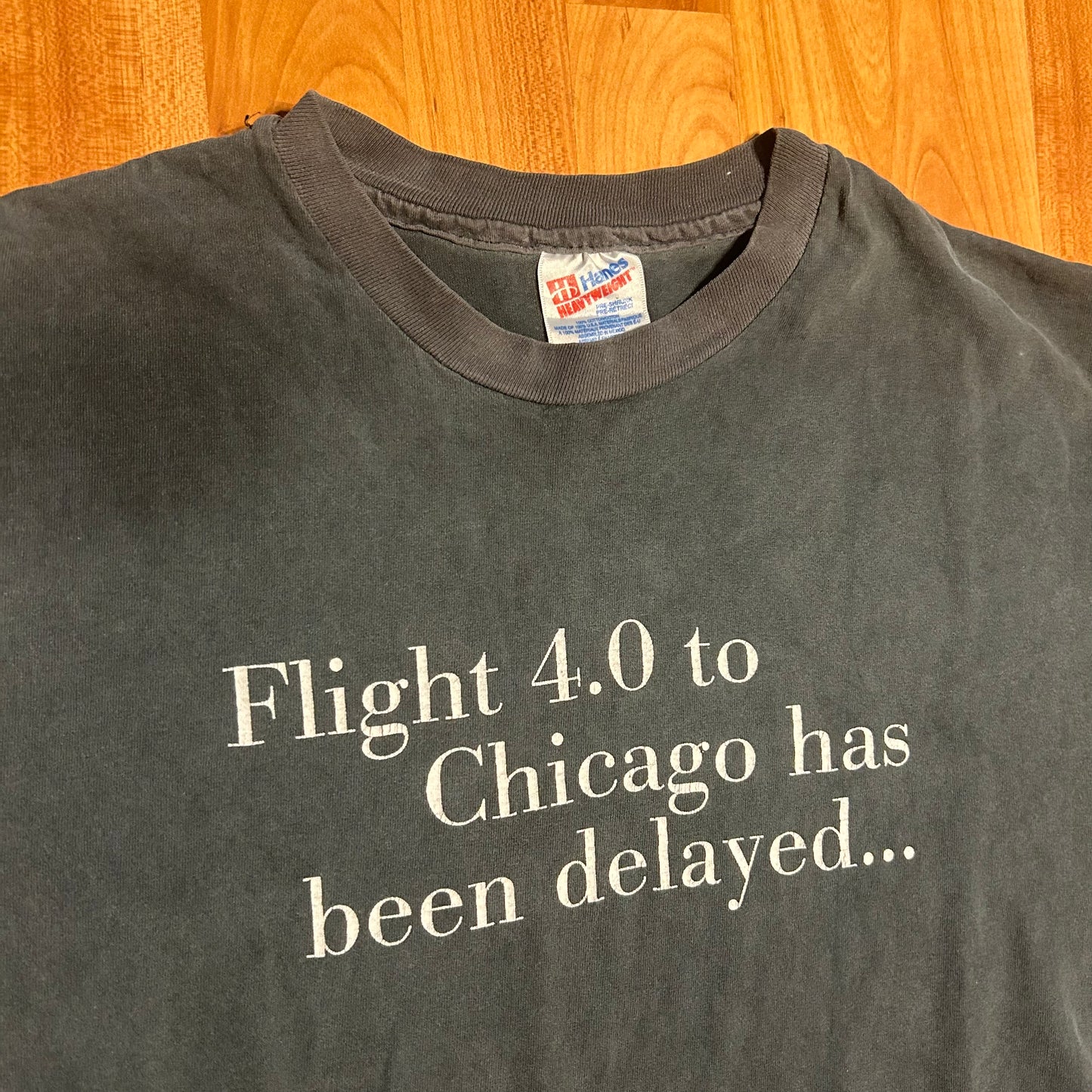90’s Hanes Heavyweight Flight 4.0 to Chicago has Been Delayed I’m Taking Off with Delta Flight Airport Black Grey Faded Cotton Tshirt - Medium - 21" x 27"