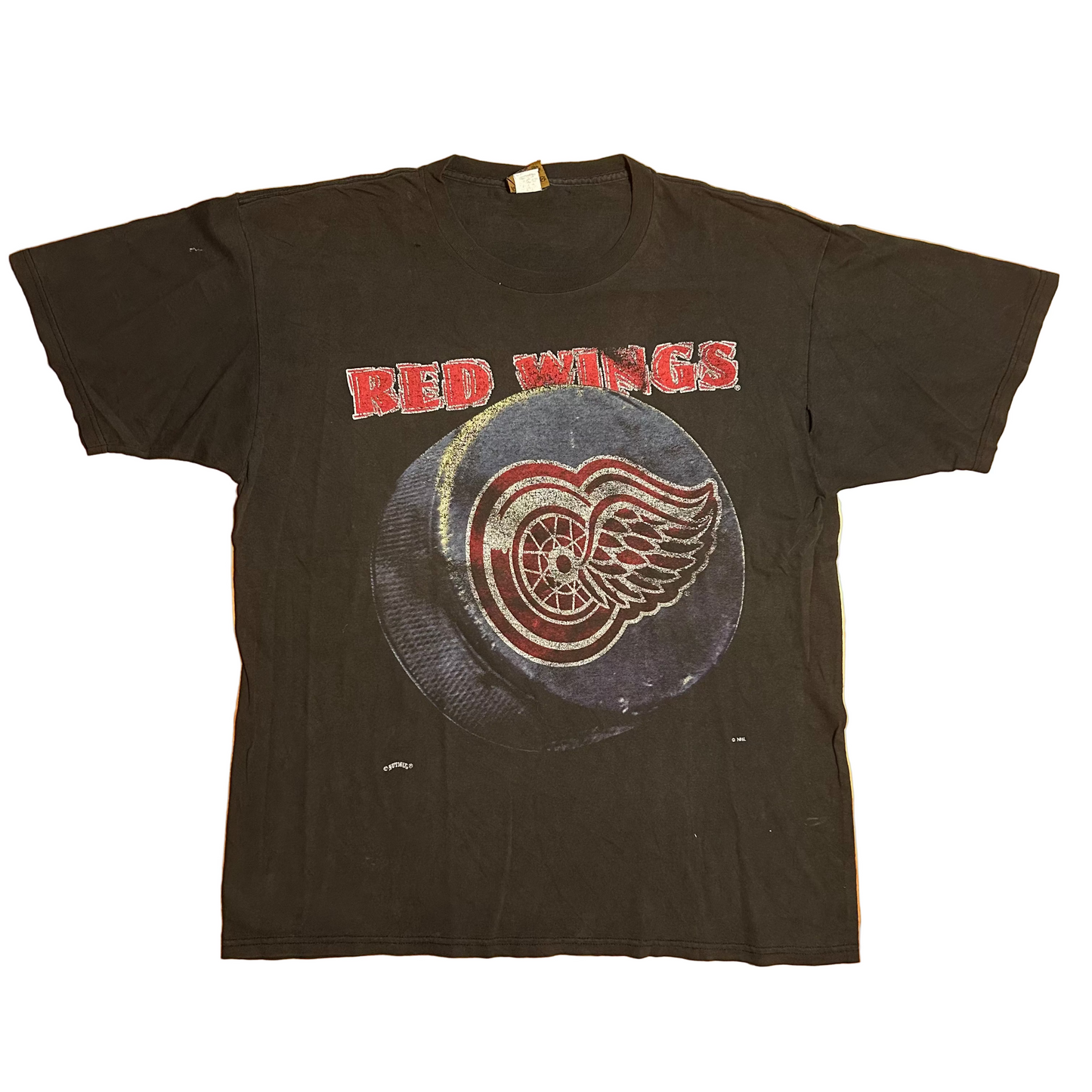 90/00’s Nutmeg Mills Detroit Red Wings Hockey NHL Black Grey Faded Cotton Tshirt - XLarge - 24" x 31"