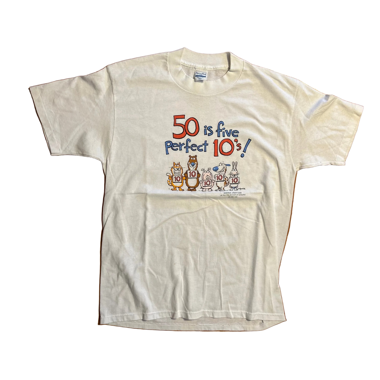80's Springford Classic Sportswear 50 is Five Perfect 10's Shoebox Greetings White Tshirt - Medium - 20" x 28"