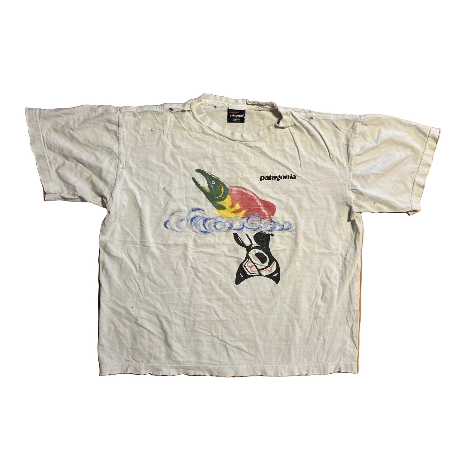 80/90's Patagonia Fish White Distressed Tshirt - Large - 22" x 23"