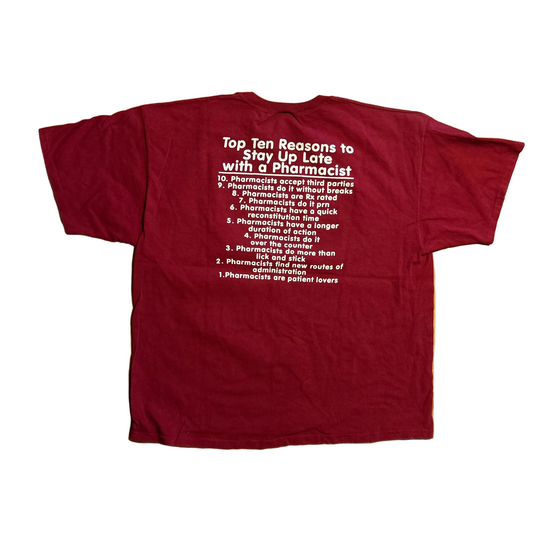 90's Delta Late Night with a Pharmacist Pharmacy Maroon Tshirt - XLarge - 25" x 29"