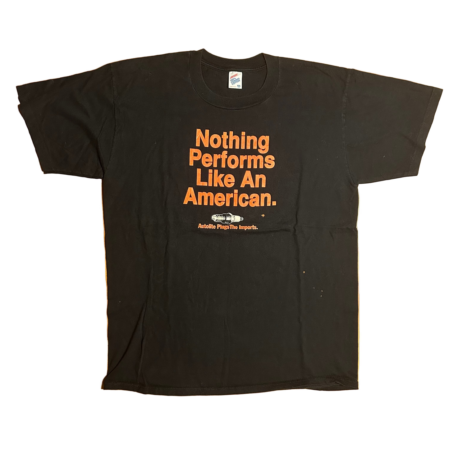 90’s Jerzees Nothing Performs Like An American Autolite Plugs the Imports Black Combed Cotton Tshirt - Large - 23" x 31.5"
